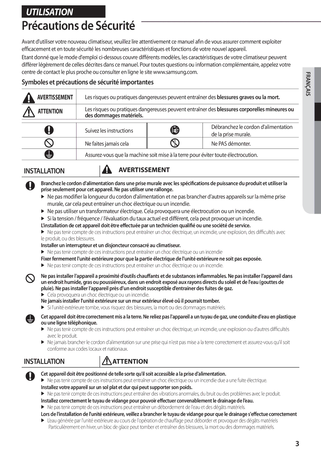 Samsung AQ24TSBN manual Précautions de Sécurité, Symboles et précautions de sécurité importantes, Des dommages matériels 