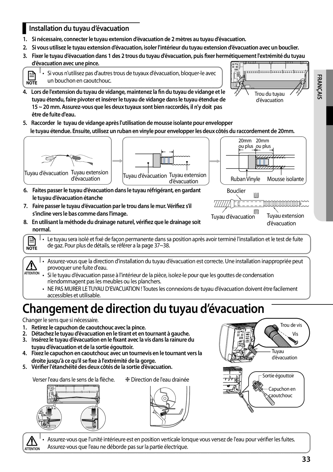 Samsung AQ12TSBNEUR, AQ24TSBXEUR, AQ18TSBN Changement de direction du tuyau d’évacuation, Changer le sens que si nécessaire 