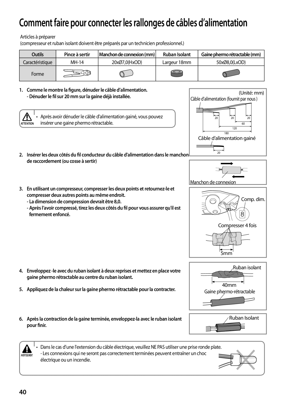 Samsung AQ24TSBXEUR, AQ18TSBN, AQ12UGFN, AQ24TSBN manual Ruban Isolant, Largeur 18mm, Pour finir, Électrique ou un incendie 