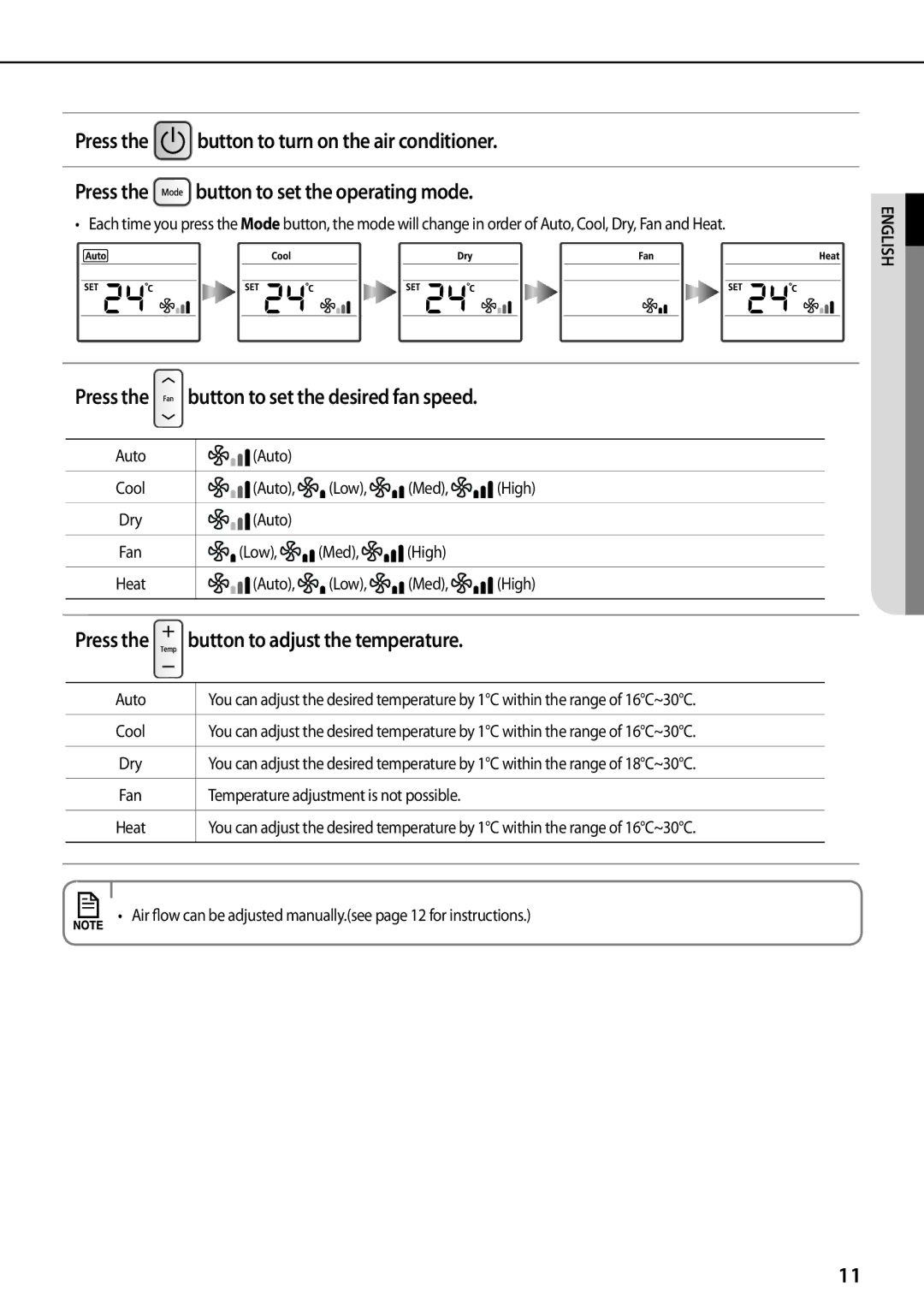 Samsung AQ18UGFN, AQ24TSBXEUR, AQ18TSBN, AQ12UGFN, AQ24TSBN, AQ18TSBX, AQ09UGFX, AQ09TSBNEUR, AQ12TSBXEUR Auto Low Med High 