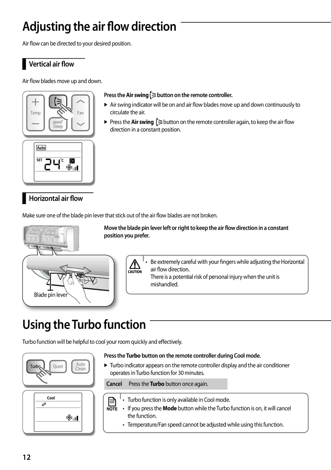 Samsung AQ18TSBXEUR Adjusting the air flow direction, Using the Turbo function, Vertical air flow, Horizontal air flow 