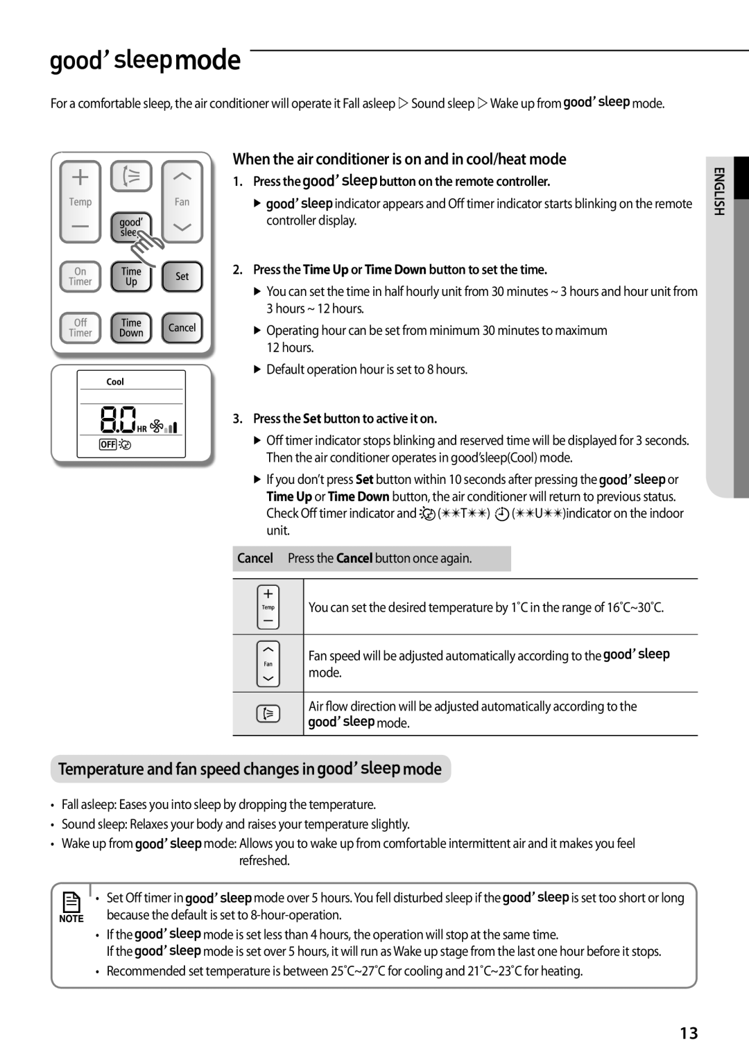 Samsung AQ12TSBNEUR Mode, When the air conditioner is on and in cool/heat mode, Press the button on the remote controller 