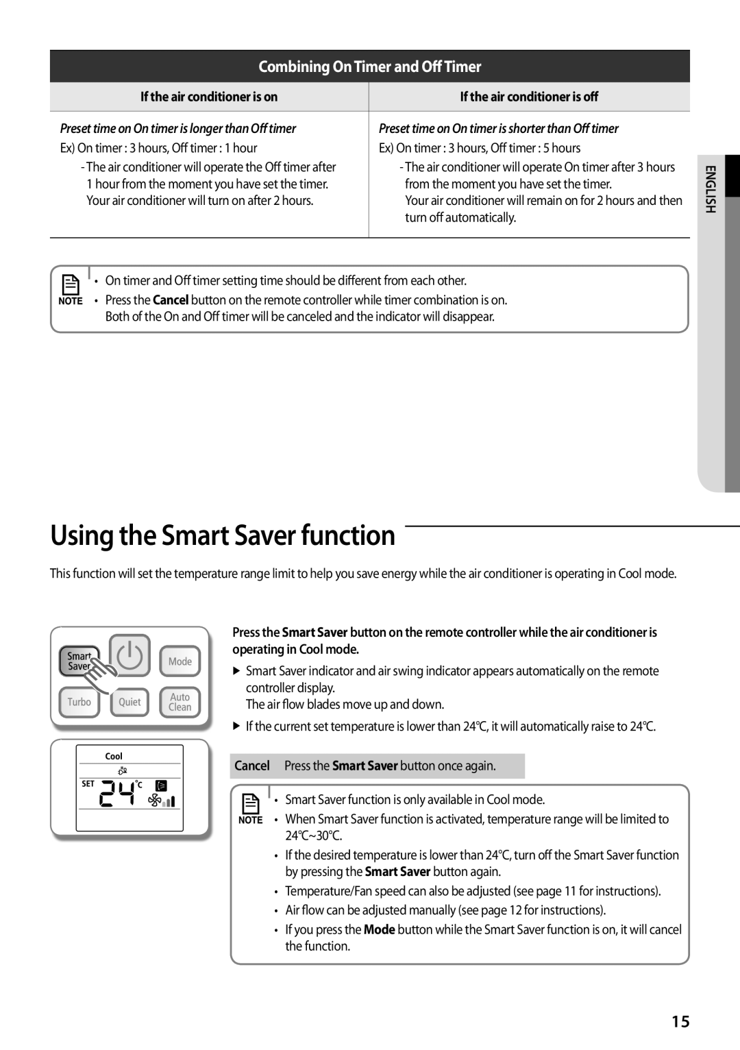 Samsung AQ24UGFX, AQ24TSBXEUR Using the Smart Saver function, If the air conditioner is on If the air conditioner is off 