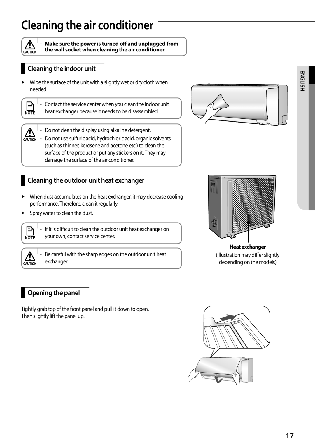 Samsung AQ18TSBNEUR manual Cleaning the air conditioner, Cleaning the indoor unit, Cleaning the outdoor unit heat exchanger 