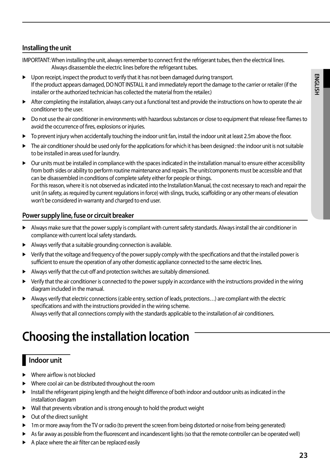 Samsung AQ12TSBN manual Choosing the installation location, Installing the unit, Power supply line, fuse or circuit breaker 