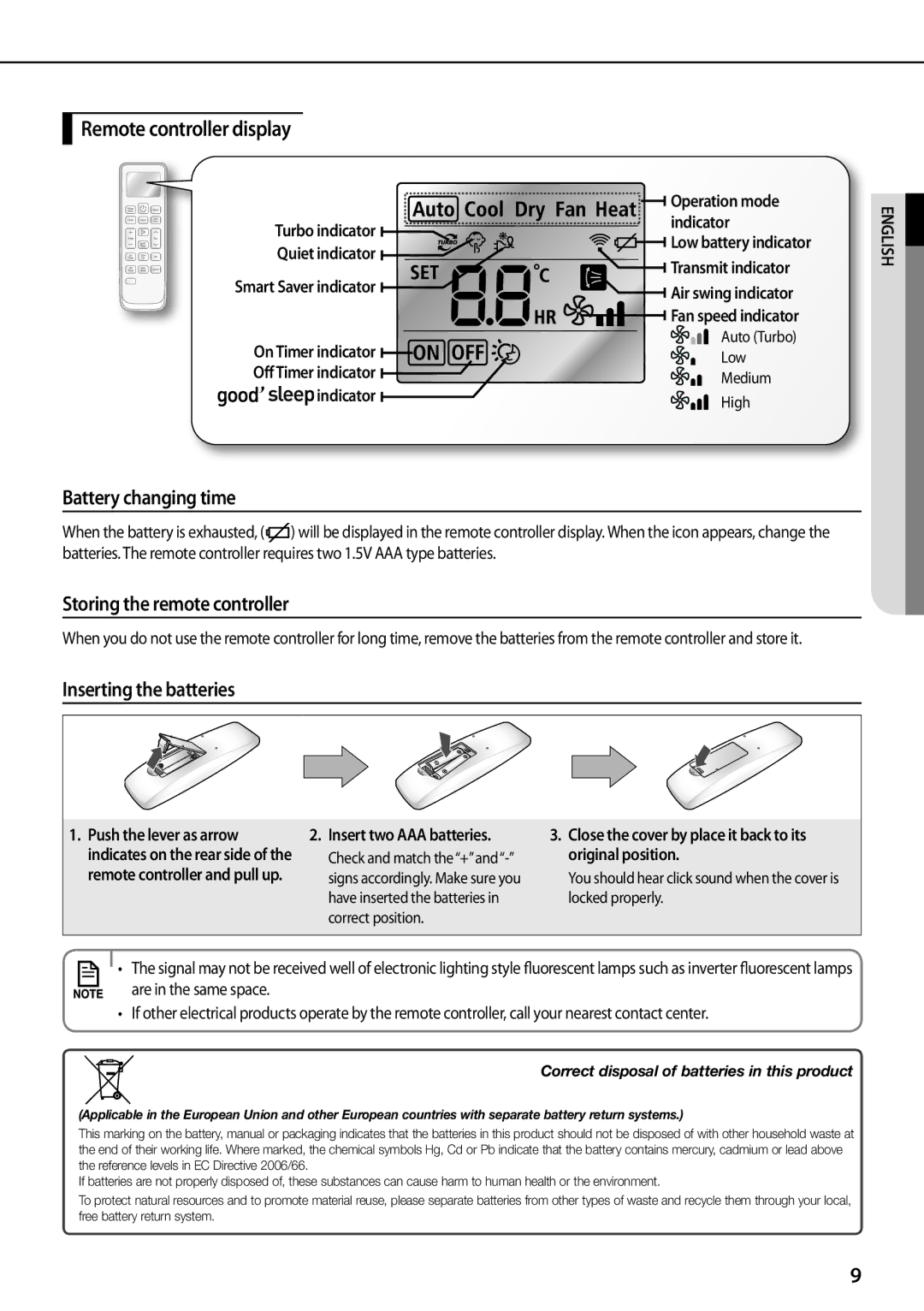 Samsung AQ24TSBNEUR, AQ24TSBXEUR, AQ18TSBN Remote controller display, Battery changing time, Storing the remote controller 