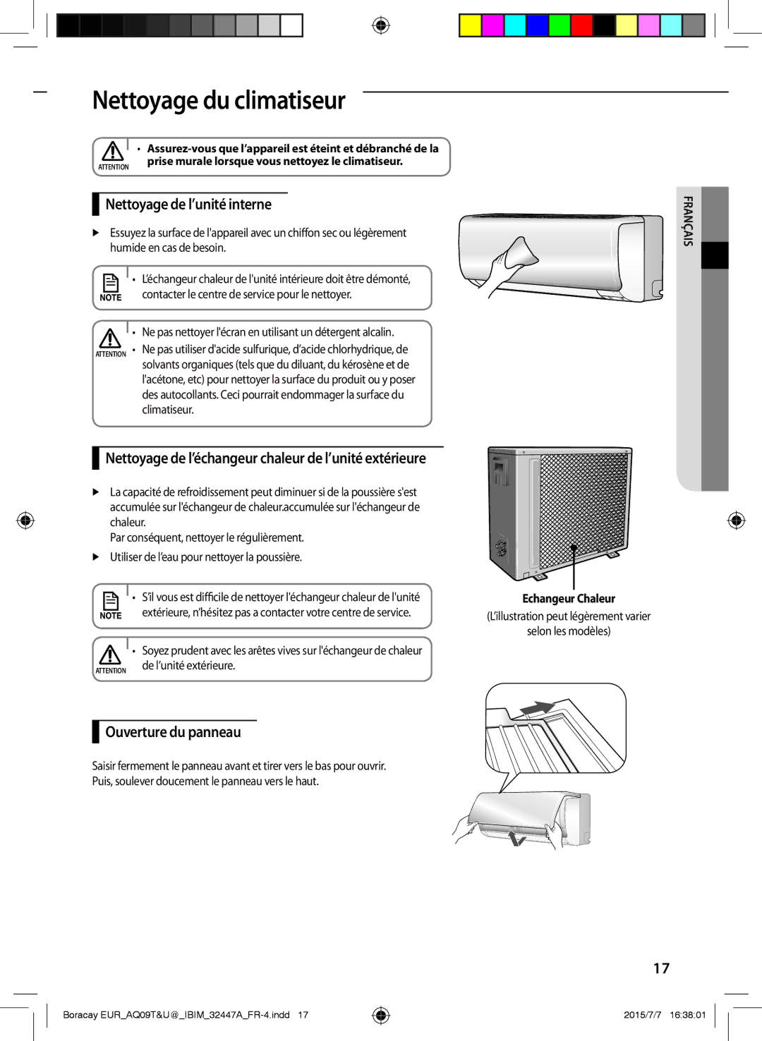 Samsung AQ09UGFN, AQ18TSBN Nettoyage du climatiseur, Nettoyage de l’unité interne, Ouverture du panneau, Echangeur Chaleur 