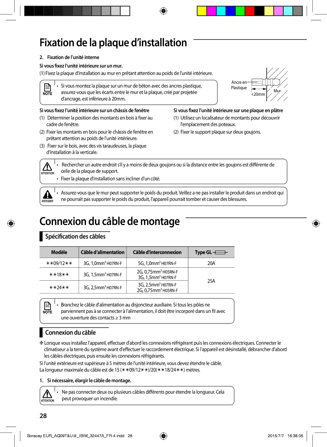 Samsung AQ18TSBXEUR Connexion du câble de montage, Spécification des câbles, Si nécessaire, élargir le câble de montage 