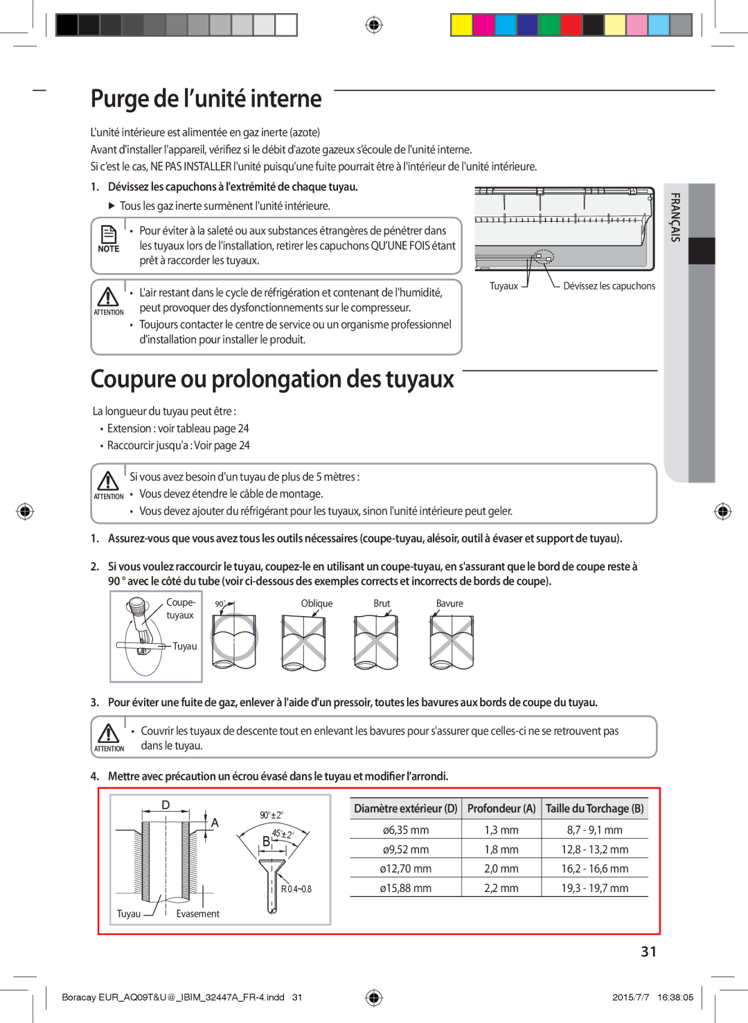 Samsung AQ24UGFX, AQ24TSBXEUR, AQ18TSBN, AQ12UGFN, AQ24TSBN manual Purge de l’unité interne, Coupure ou prolongation des tuyaux 