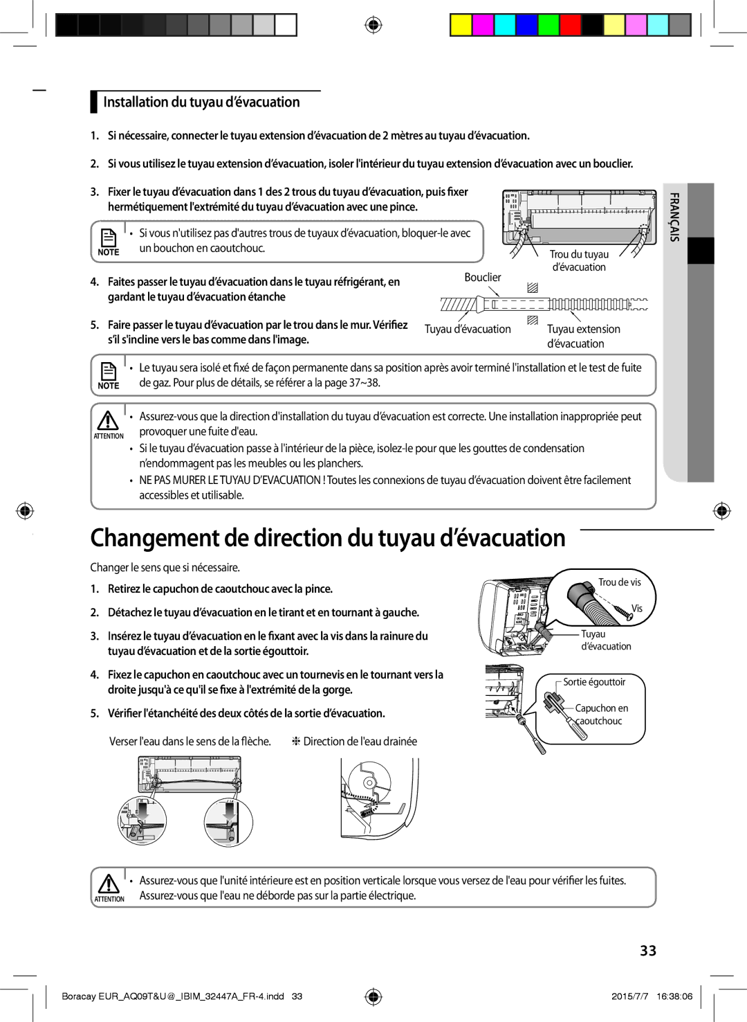 Samsung AQ18TSBNEUR, AQ24TSBXEUR manual Changement de direction du tuyau d’évacuation, Installation du tuyau d’évacuation 