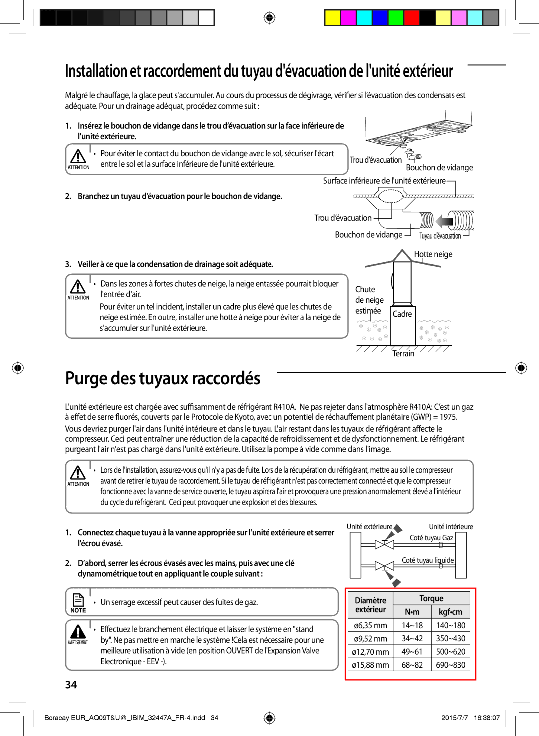 Samsung AQ12UGFX, AQ24TSBXEUR manual Purge des tuyaux raccordés, Branchez un tuyau d’évacuation pour le bouchon de vidange 