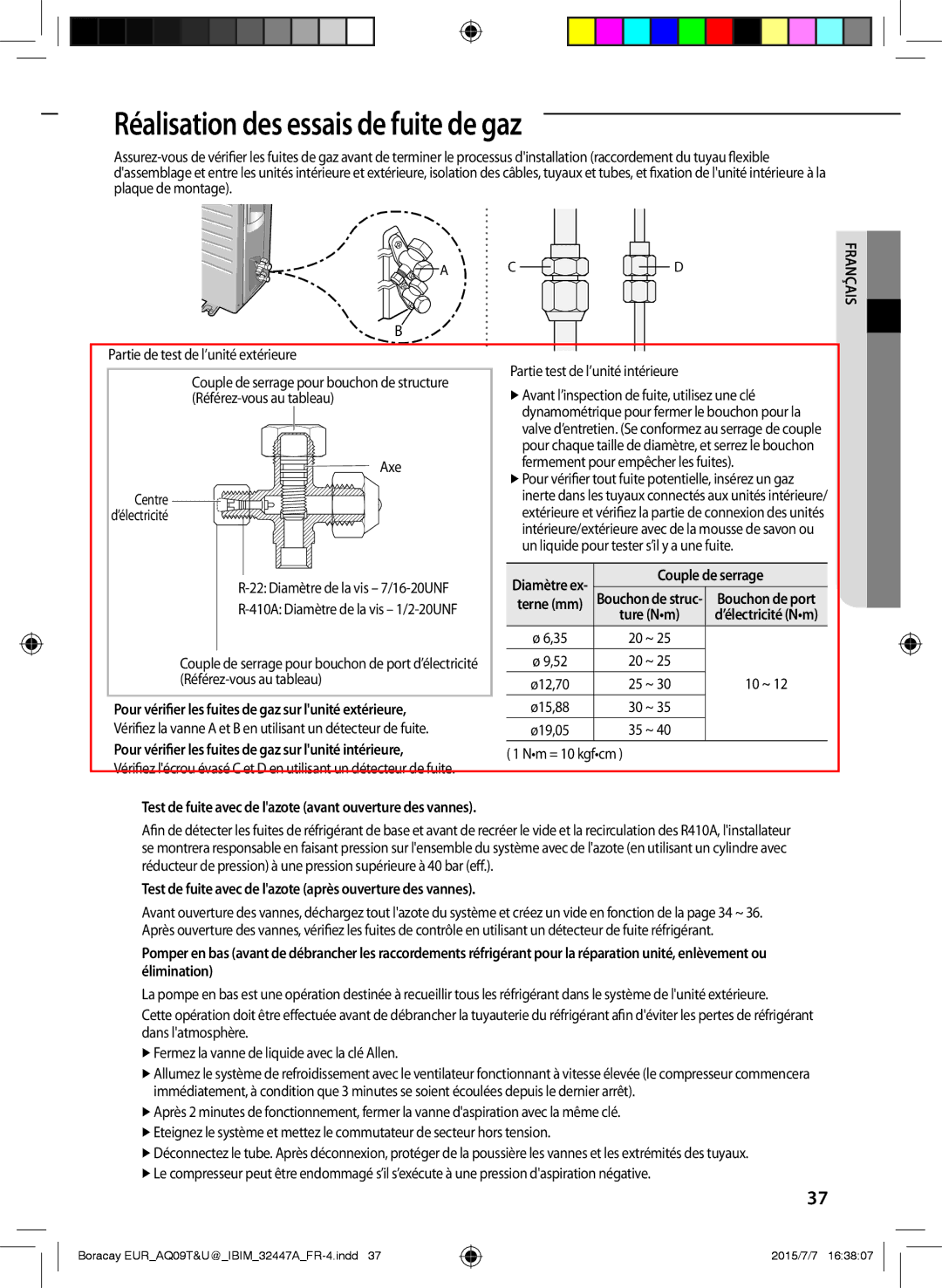 Samsung AQ18TSBN, AQ24TSBXEUR Réalisation des essais de fuite de gaz, Partie test de l’unité intérieure, Couple de serrage 