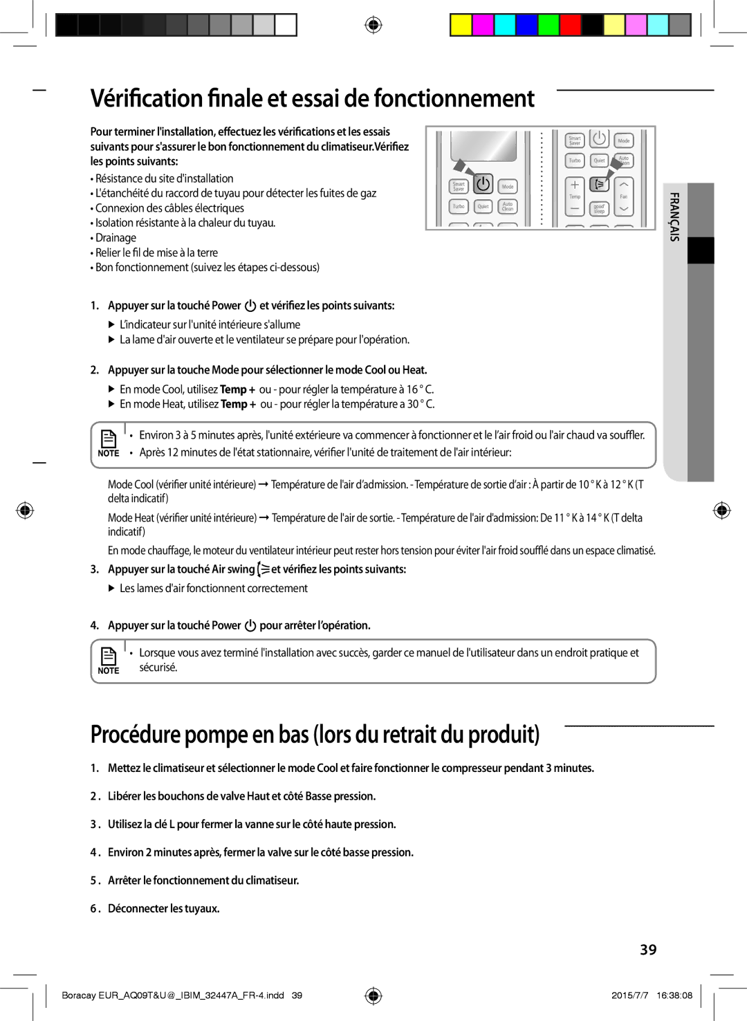 Samsung AQ24TSBN Vérification finale et essai de fonctionnement, Appuyer sur la touché Power pour arrêter l’opération 