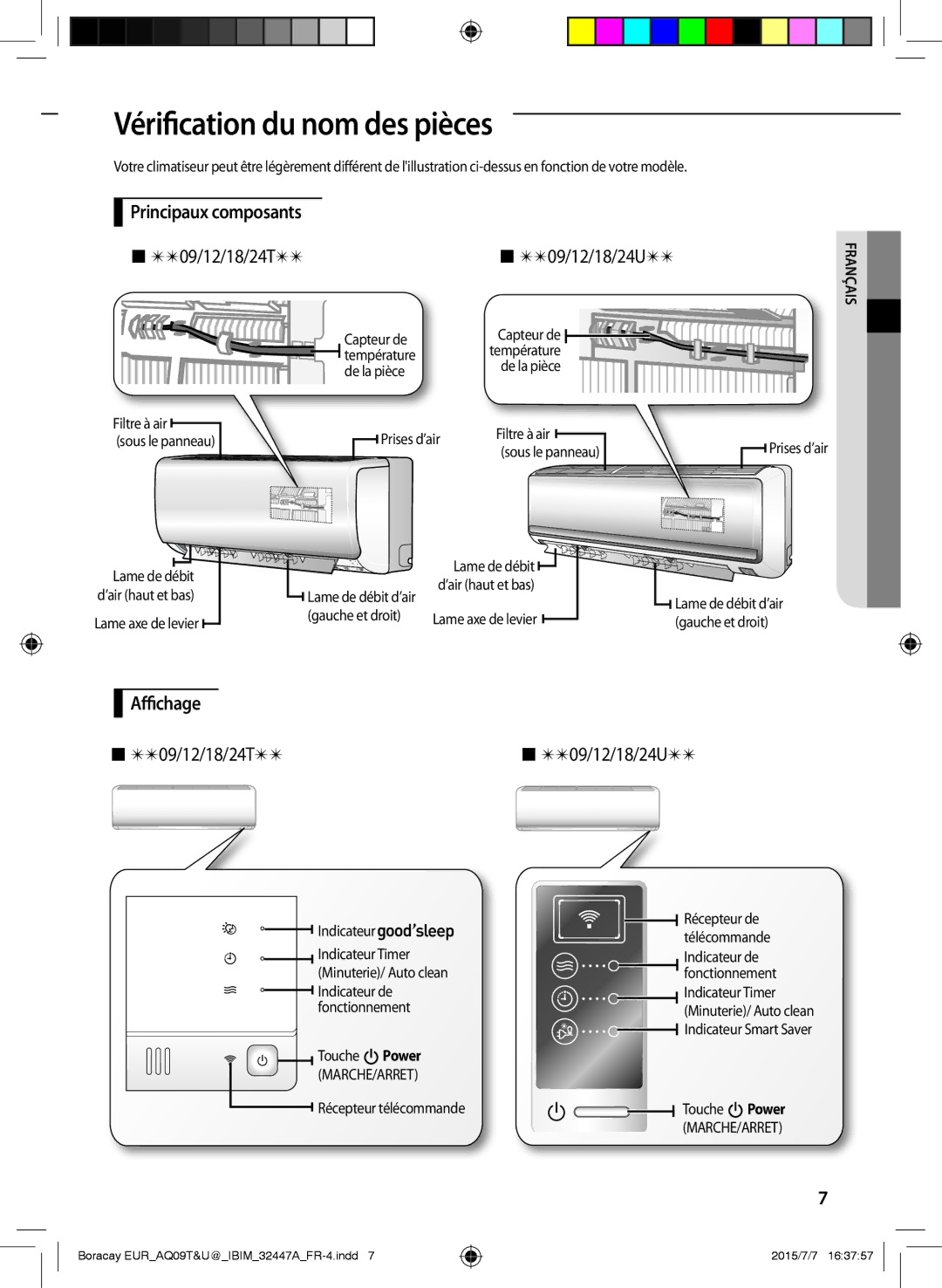 Samsung AQ18UGFX Vérification du nom des pièces, Principaux composants  09/12/18/24T , Affichage  09/12/18/24T 