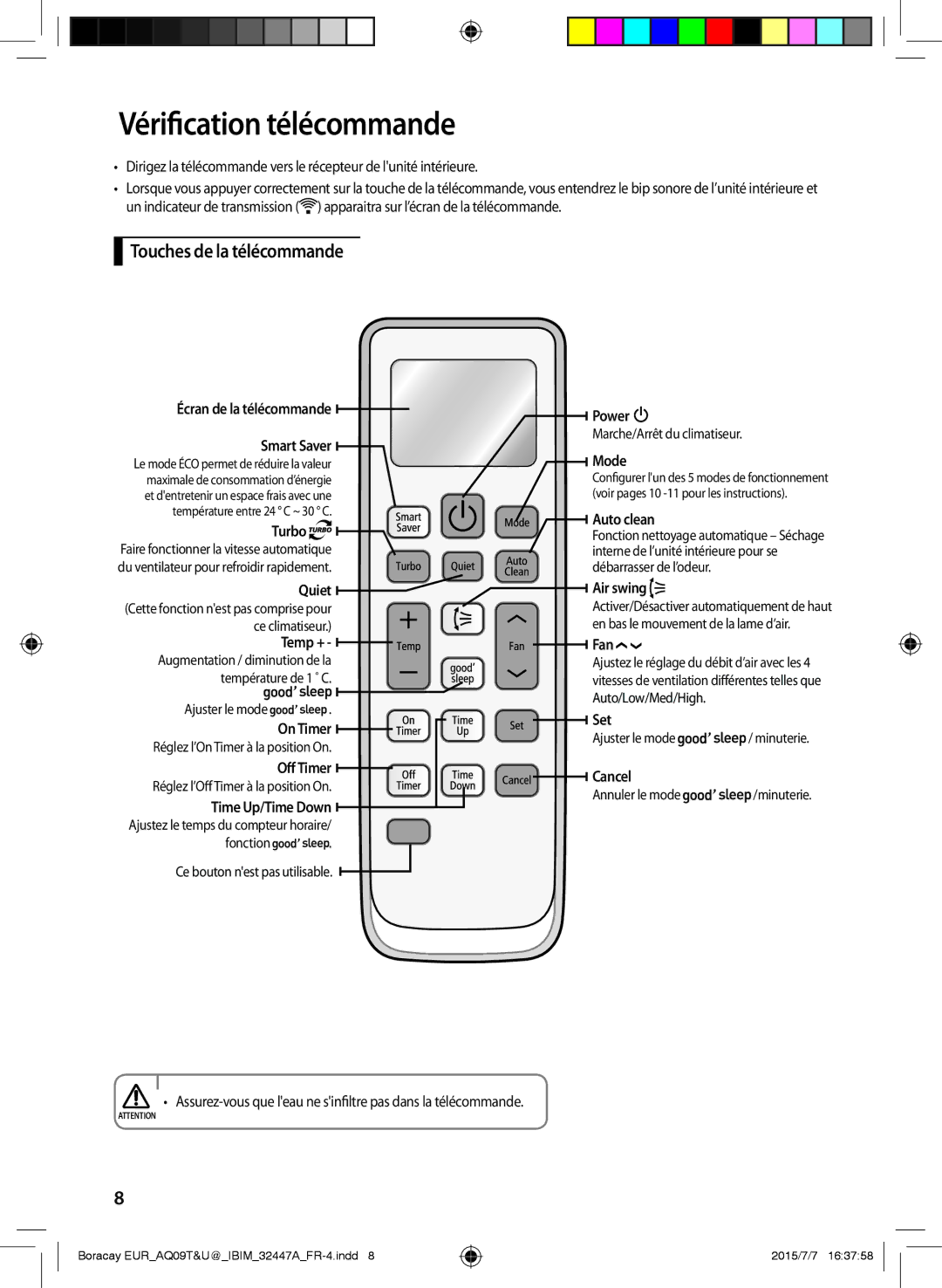 Samsung AQ24TSBNEUR, AQ24TSBXEUR, AQ18TSBN, AQ12UGFN, AQ18TSBX, AQ09UGFX Vérification télécommande, Touches de la télécommande 