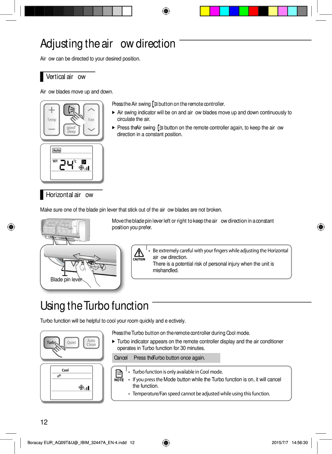 Samsung AQ24TSBX manual Adjusting the air flow direction, Using the Turbo function, Vertical air flow, Horizontal air flow 