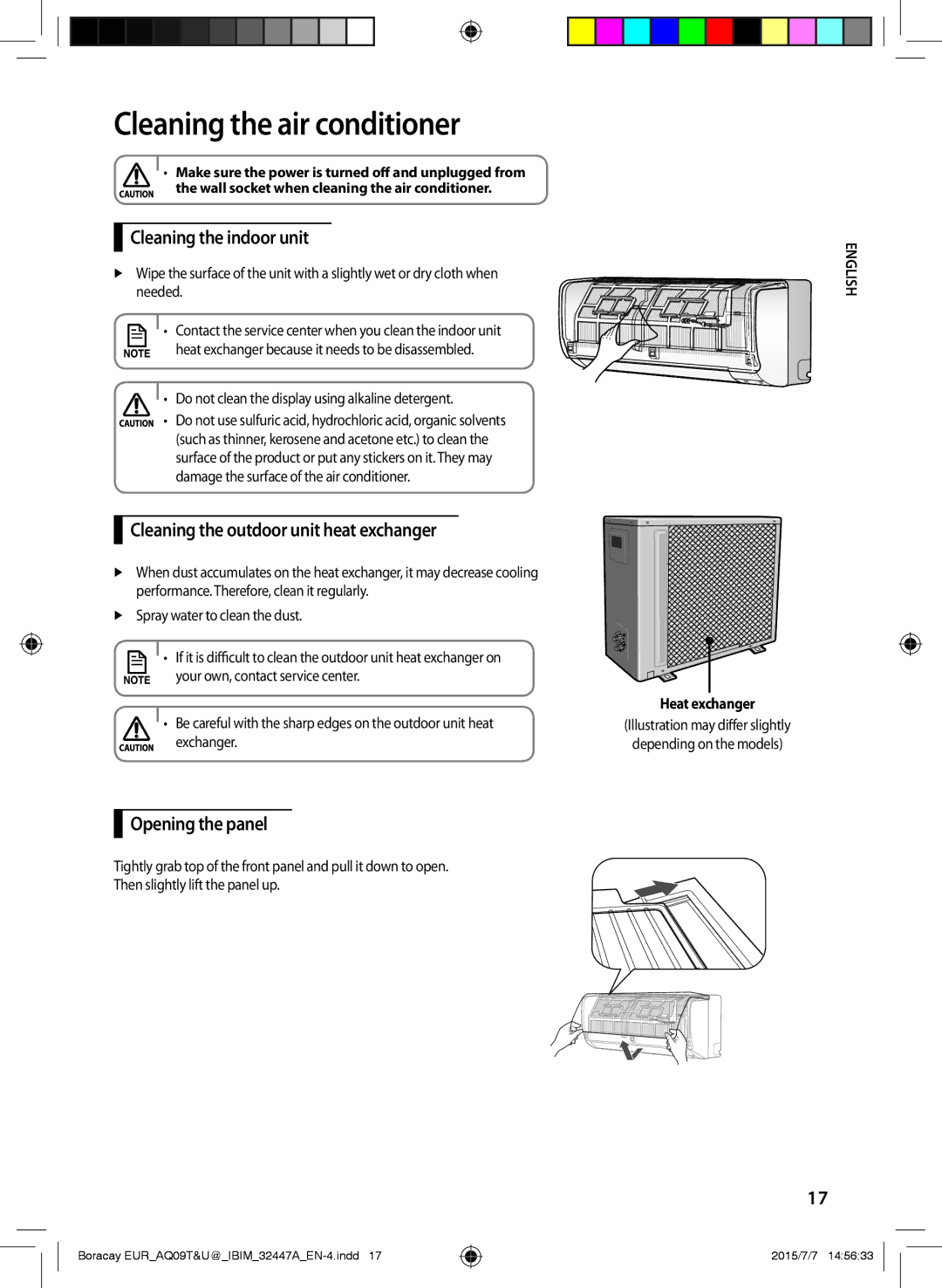 Samsung AQ09UGFN manual Cleaning the air conditioner, Cleaning the indoor unit, Cleaning the outdoor unit heat exchanger 