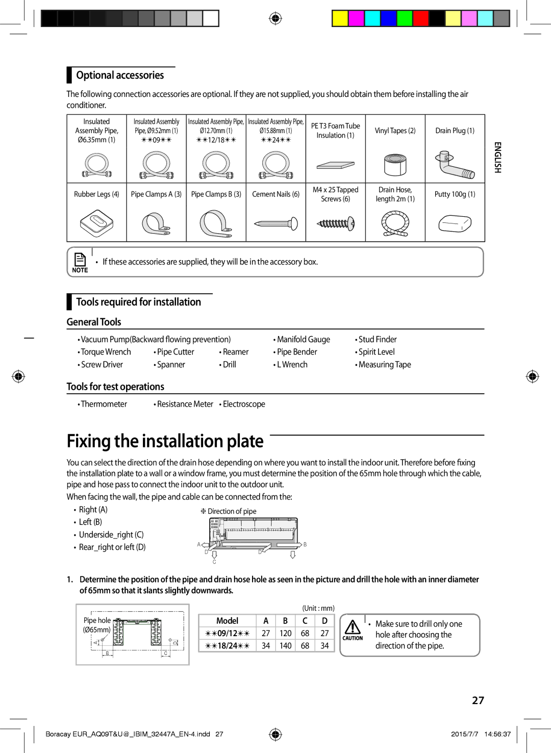 Samsung AQ09TSBN manual Fixing the installation plate, Optional accessories, Tools required for installation General Tools 