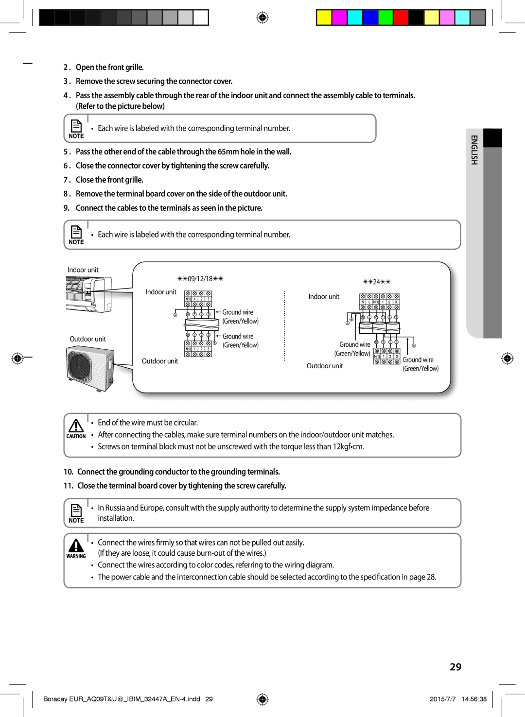 Samsung AQ12TSBX, AQ24TSBXEUR, AQ18TSBN, AQ12UGFN, AQ24TSBN manual Each wire is labeled with the corresponding terminal number 