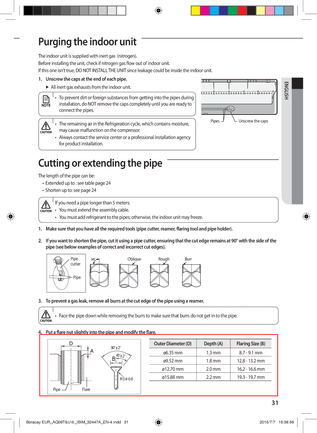 Samsung AQ18TSBNCEE manual Purging the indoor unit, Cutting or extending the pipe, Unscrew the caps at the end of each pipe 