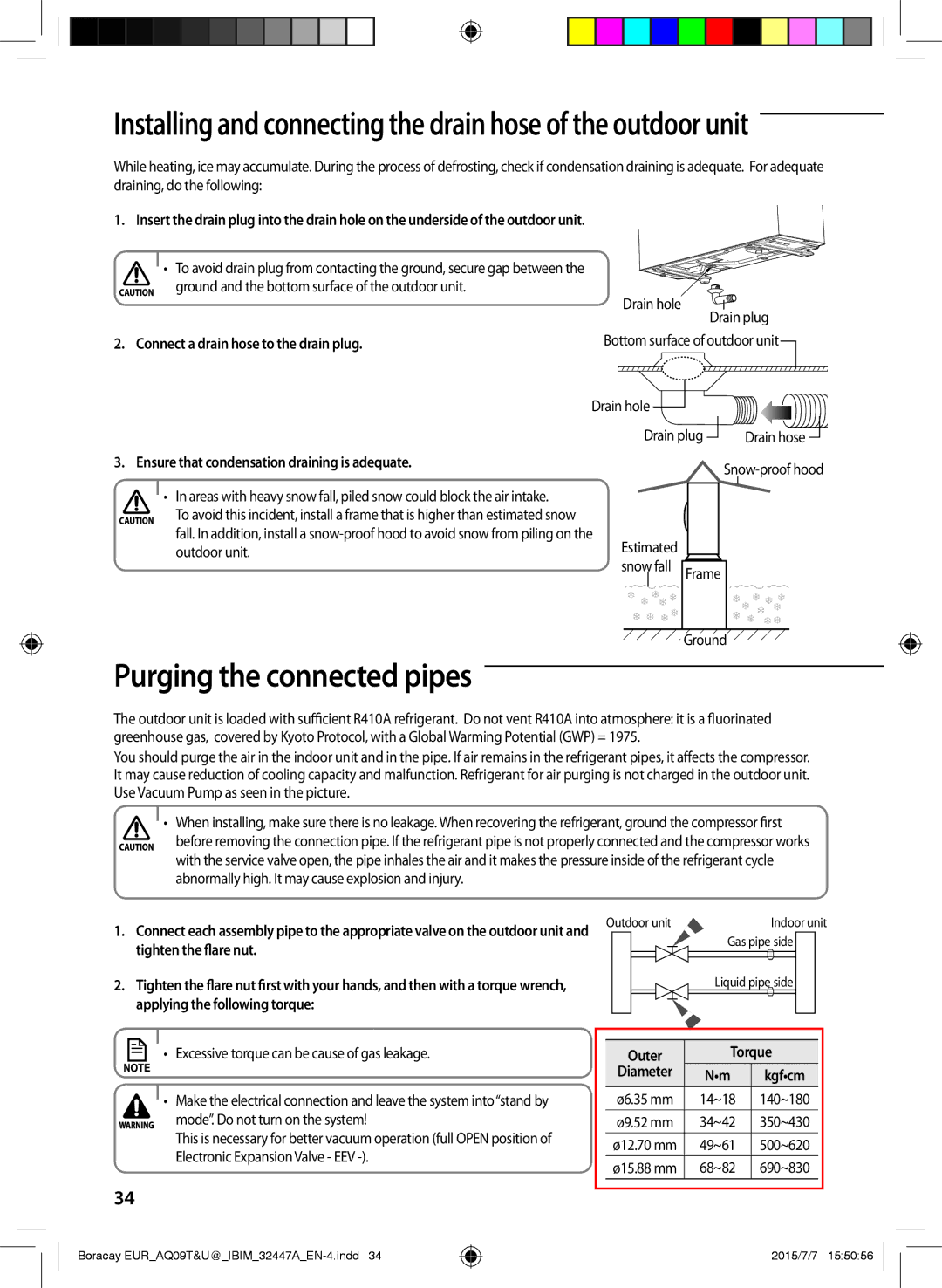 Samsung AQ24TSBNCEE, AQ24TSBXEUR manual Purging the connected pipes, Connect a drain hose to the drain plug, Outer Torque 