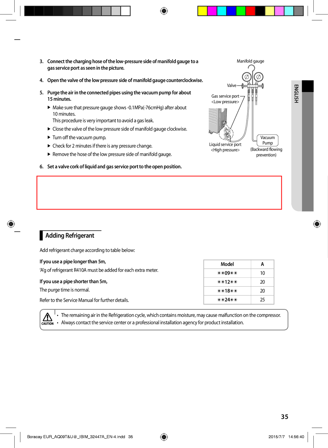 Samsung AQ24TSBXCEE manual Adding Refrigerant, Gas service port as seen in the picture, If you use a pipe longer than 5m 