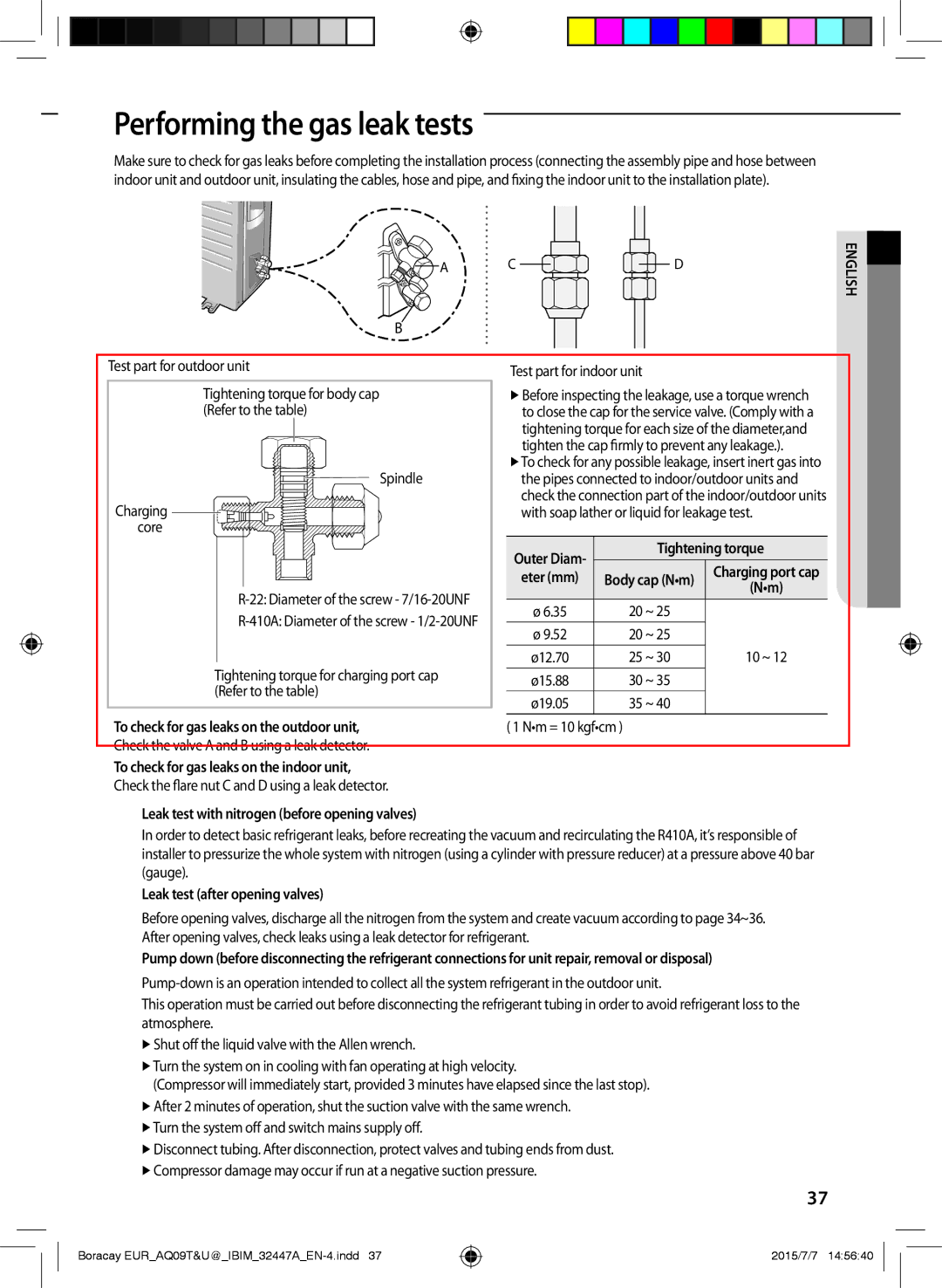 Samsung AQ09TSBNCEE, AQ18TSBN Performing the gas leak tests, Tightening torque, To check for gas leaks on the outdoor unit 