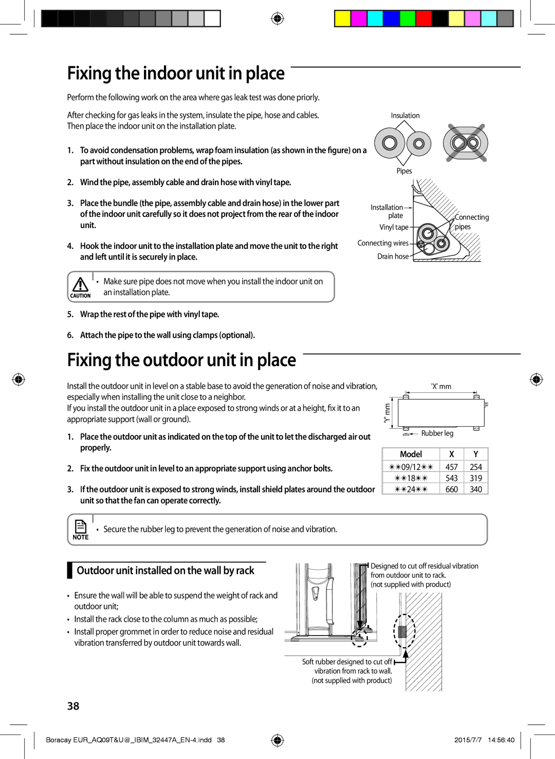 Samsung AQ24TSBXEUR, AQ18TSBN, AQ12UGFN, AQ24TSBN, AQ18TSBX Fixing the indoor unit in place, Fixing the outdoor unit in place 