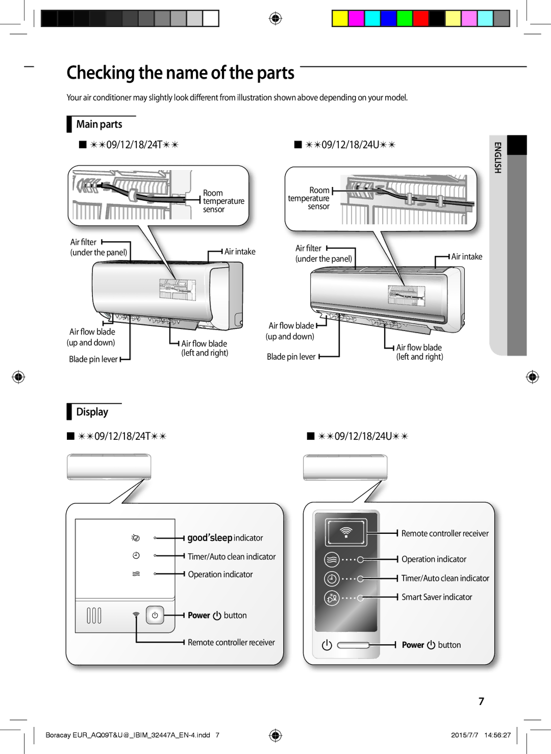 Samsung AQ18UGFX manual Checking the name of the parts, Main parts  09/12/18/24T , Display  09/12/18/24T, Power 