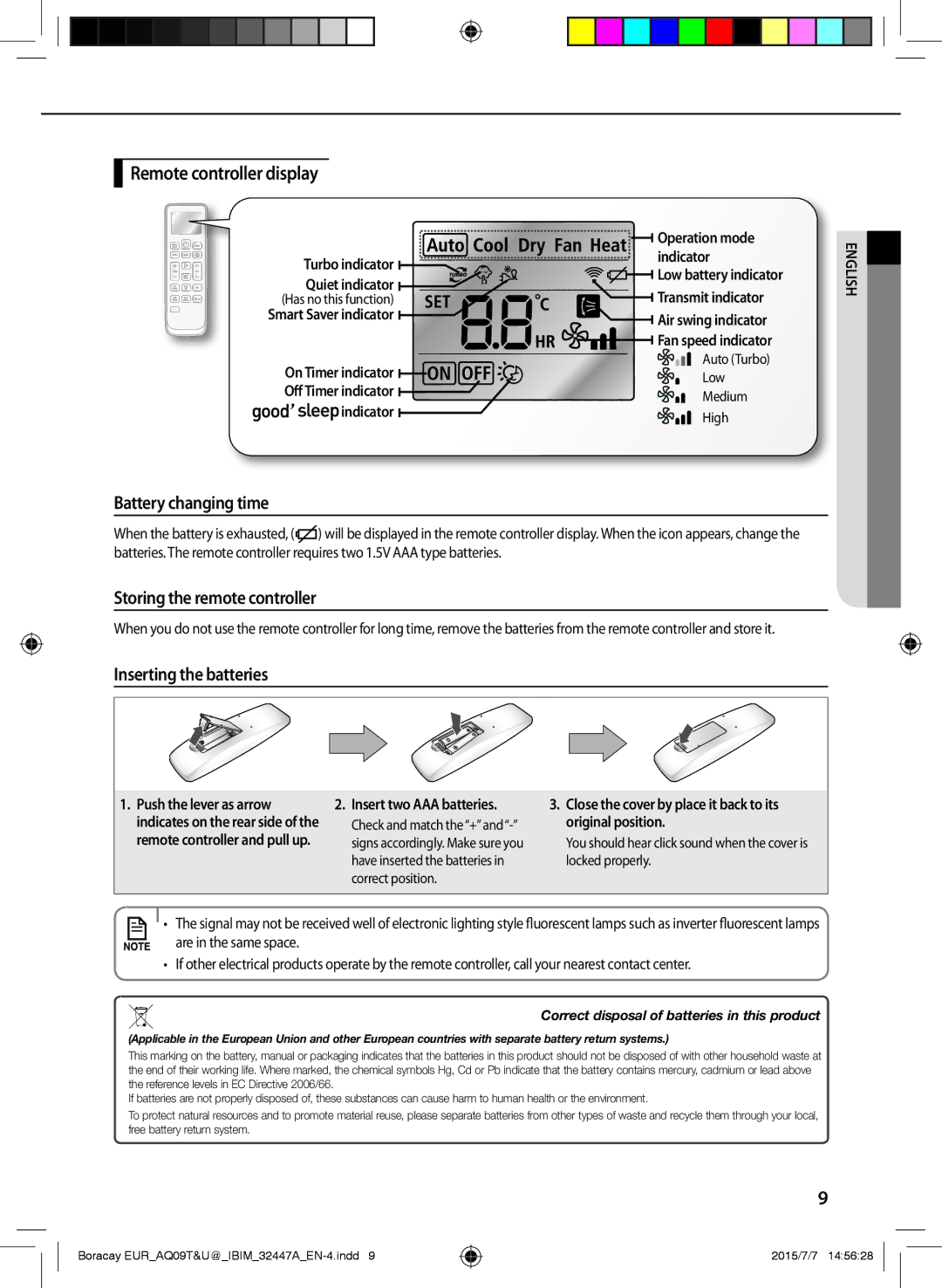 Samsung AQ18UGFN Remote controller display, Battery changing time, Storing the remote controller, Inserting the batteries 