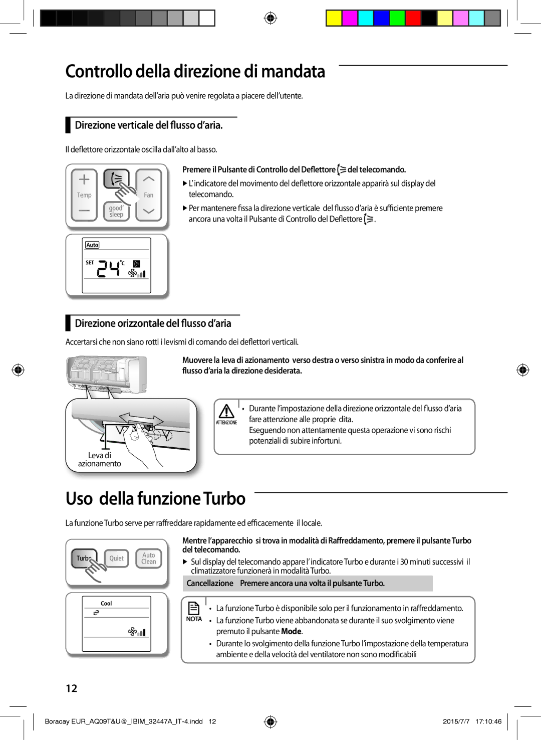 Samsung AQ24TSBX Controllo della direzione di mandata, Uso della funzione Turbo, Direzione verticale del flusso d’aria 