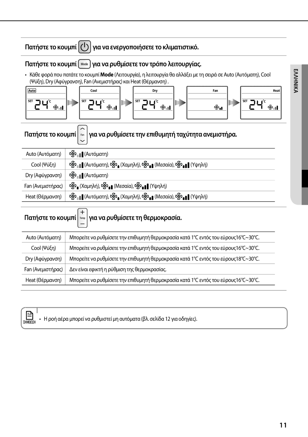 Samsung AQ24TSBXEUR, AQ18TSBN, AQ24TSBN Πατήστε το κουμπί για να ρυθμίσετε τη θερμοκρασία, Αυτόματη, Χαμηλή Μεσαία Υψηλή 