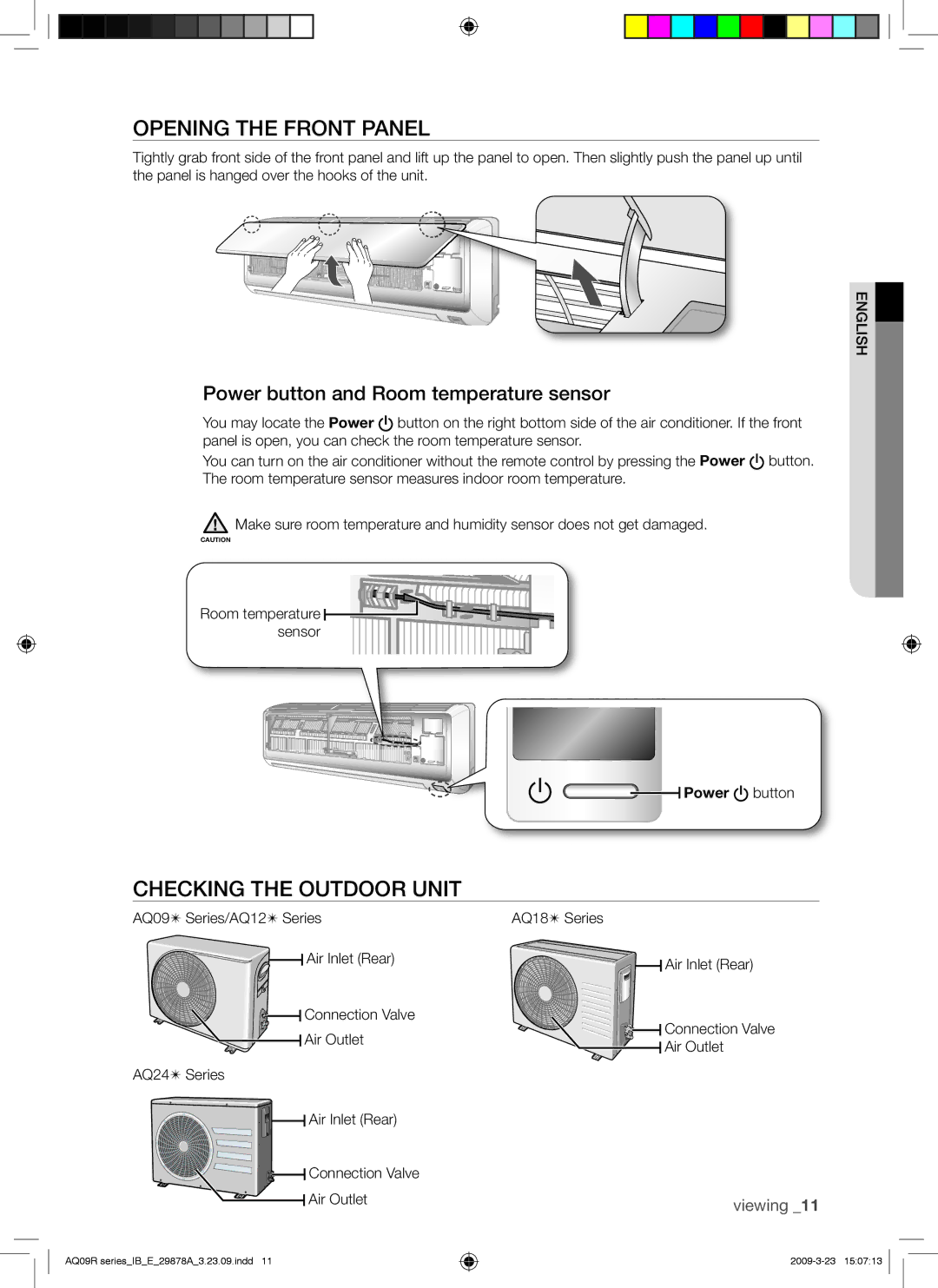 Samsung AQ18UAXSER manual Opening the Front Panel, Checking the Outdoor Unit, Power button and Room temperature sensor 