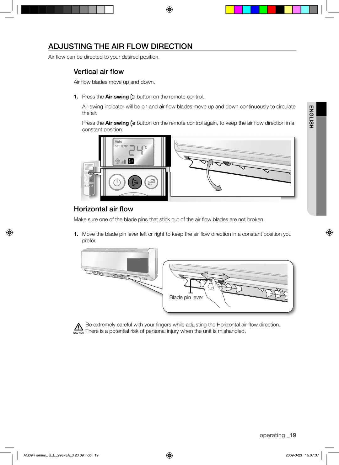 Samsung AQ18CANSER, AQ24UANSER, AQ12CANSER manual Adjusting the AIR Flow Direction, Vertical air flow, Horizontal air flow 