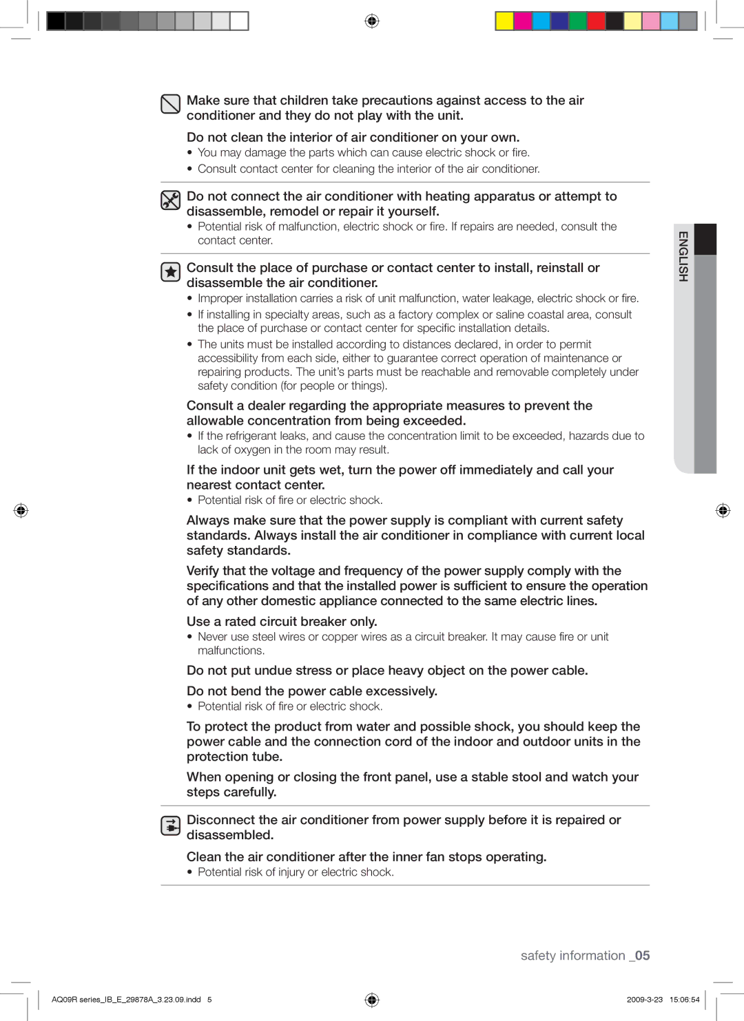 Samsung AQ18CANSER, AQ24UANSER, AQ12CANSER, AQ12CAXSER, AQ12UAXSER, AQ24CAXSER manual Potential risk of injury or electric shock 