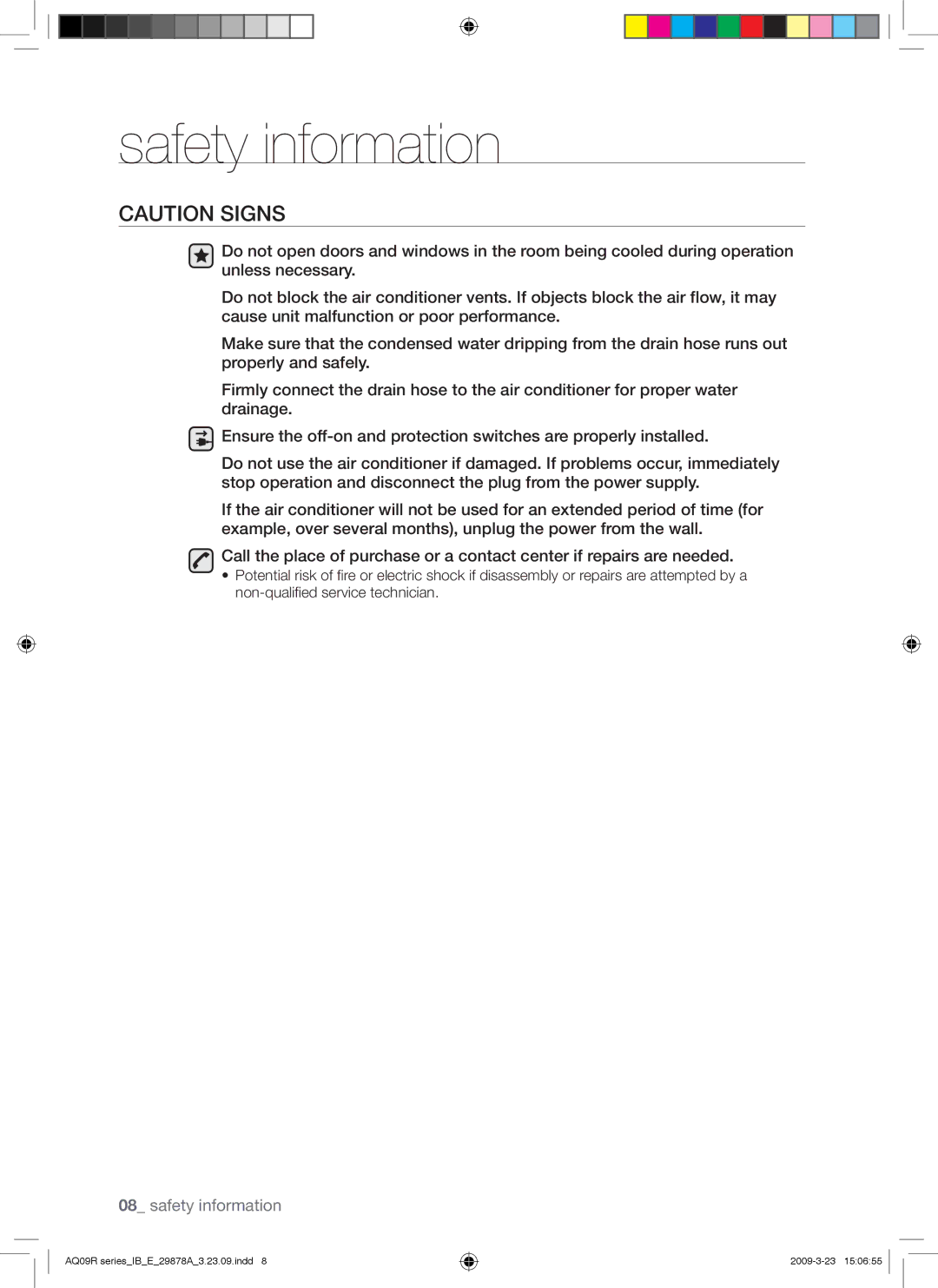 Samsung AQ12UANSER, AQ24UANSER, AQ12CANSER, AQ12CAXSER, AQ12UAXSER, AQ18CANSER, AQ24CAXSER, AQ18UANSER manual Safety information 