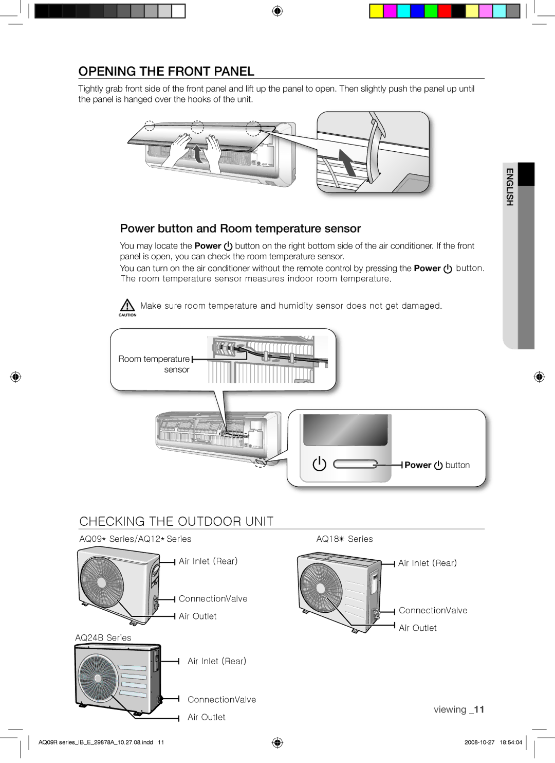 Samsung AQ18UAXSER manual Opening the Front Panel, Checking the Outdoor Unit, Power button and Room temperature sensor 