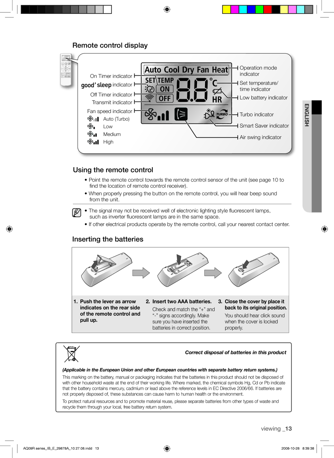 Samsung AQ24CANSER, AQ24UANSER, AQ12CANSER manual Remote control display, Using the remote control, Inserting the batteries 