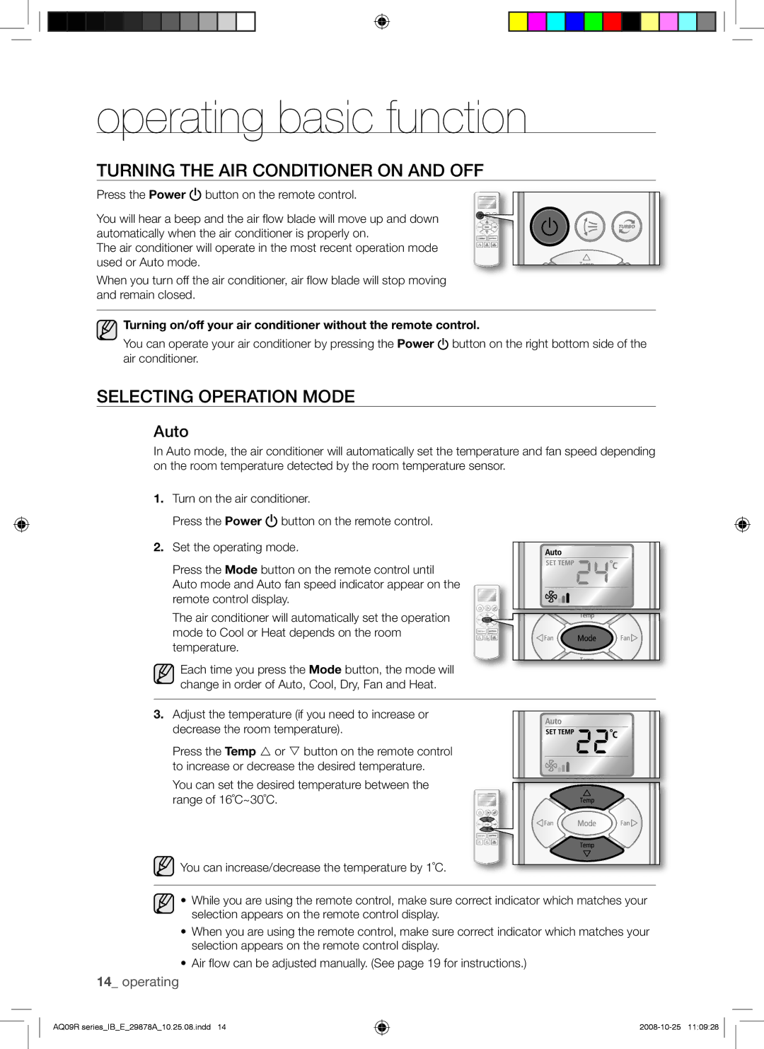 Samsung AQ09RAXSER manual Operating basic function, Turning the AIR Conditioner on and OFF, Selecting Operation Mode, Auto 