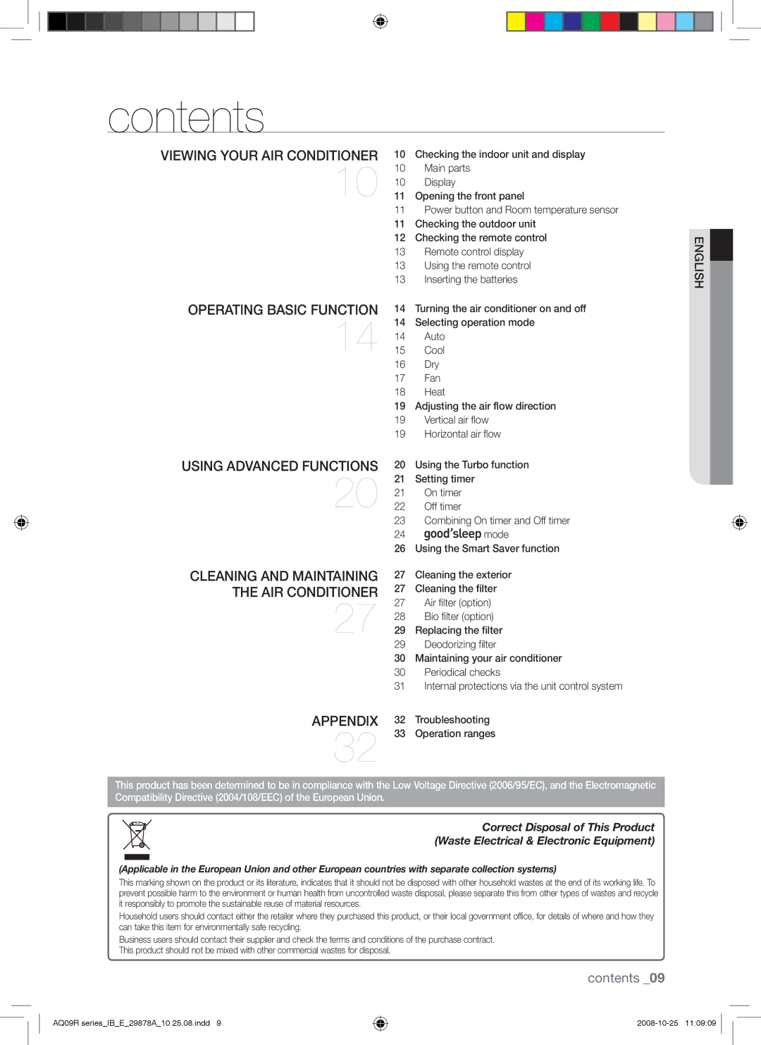 Samsung AQ18CAXSER, AQ24UANSER, AQ12CANSER, AQ12CAXSER, AQ12UAXSER, AQ18CANSER, AQ24CAXSER, AQ18UANSER, AQ12UANSER manual Contents 