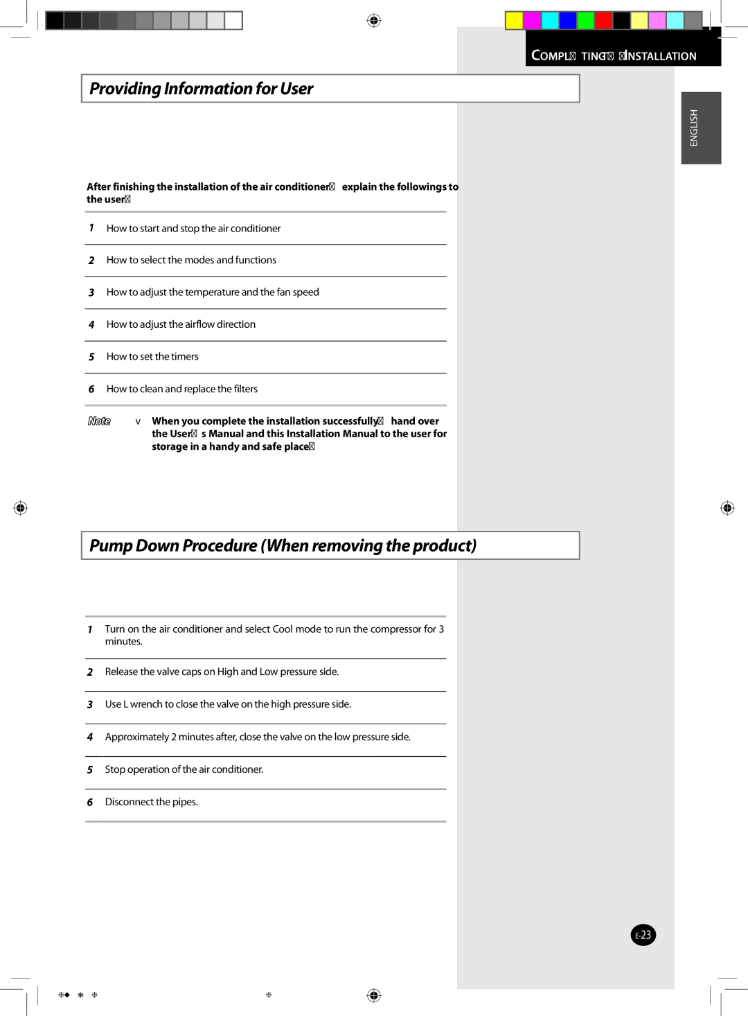 Samsung AQ09UGDN, AQ24UGAN manual Providing Information for User, Pump Down Procedure When removing the product 