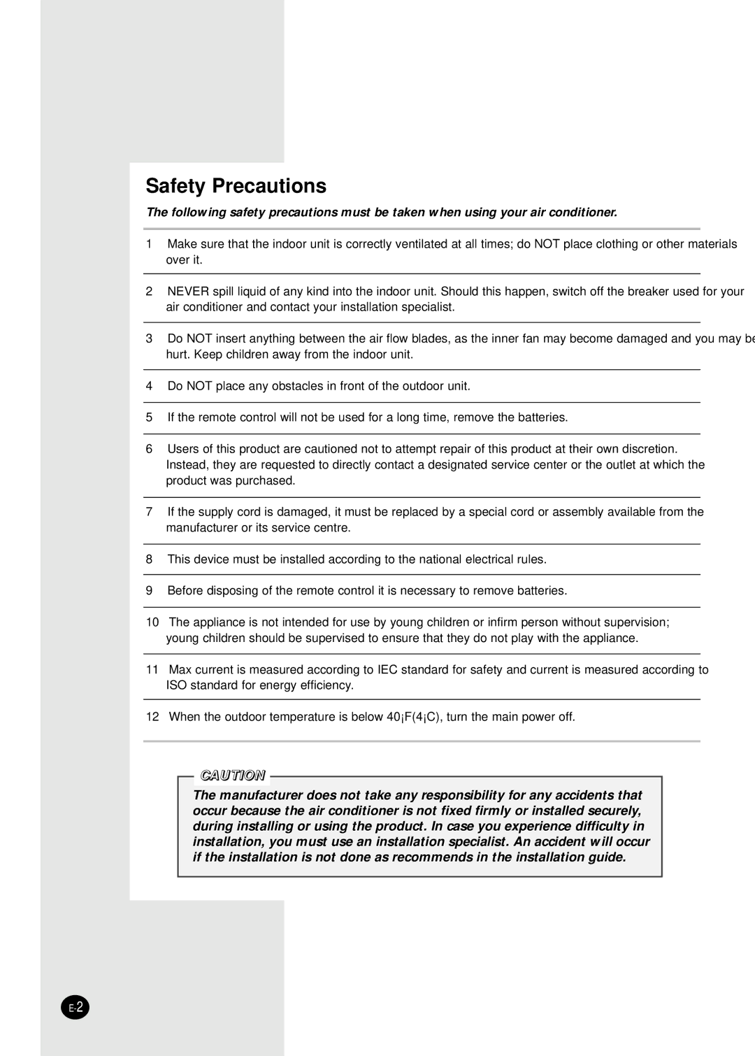 Samsung AQ30C1(2)BC installation manual Safety Precautions 