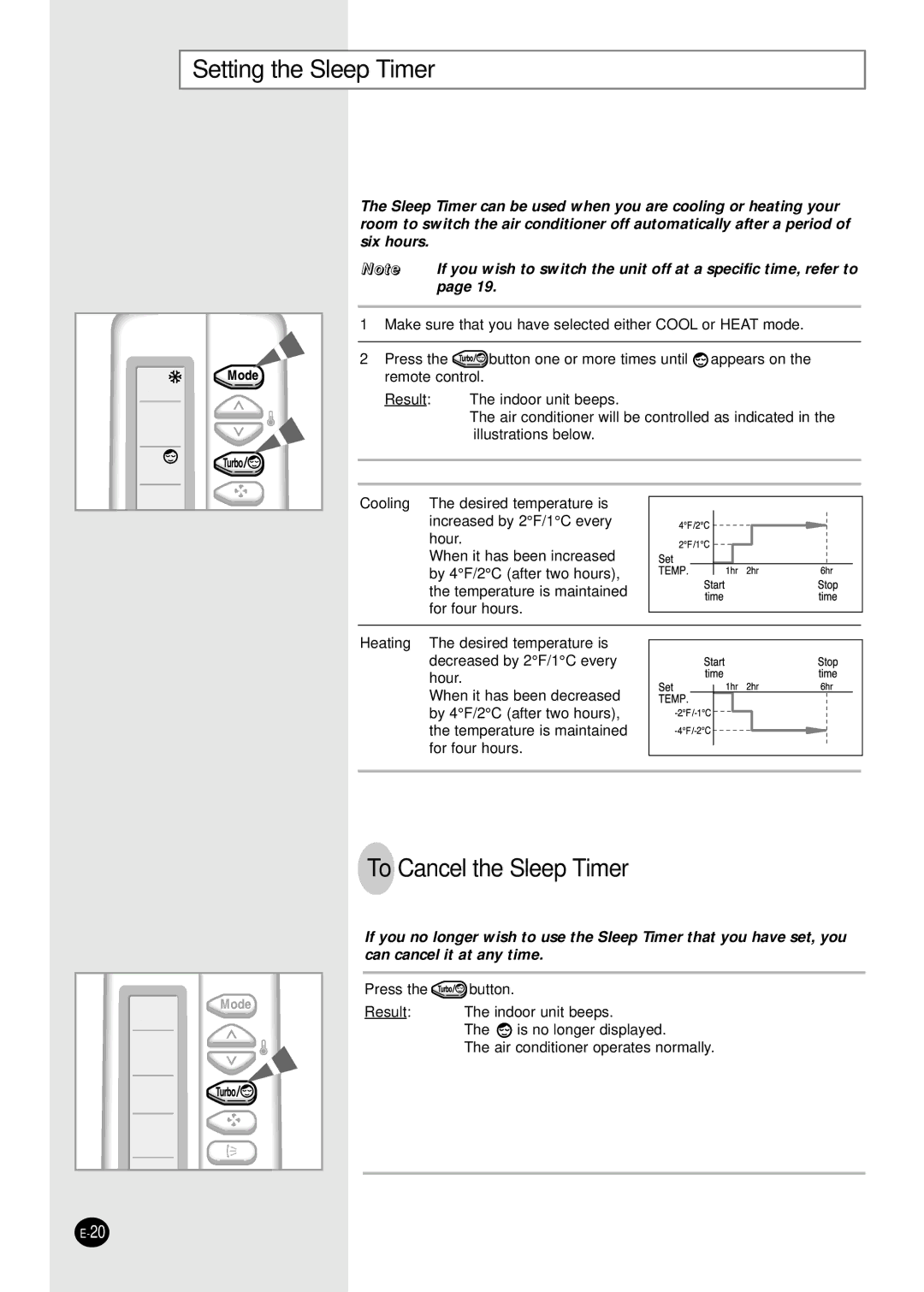 Samsung AQ30C1(2)BC installation manual Setting the Sleep Timer, To Cancel the Sleep Timer 