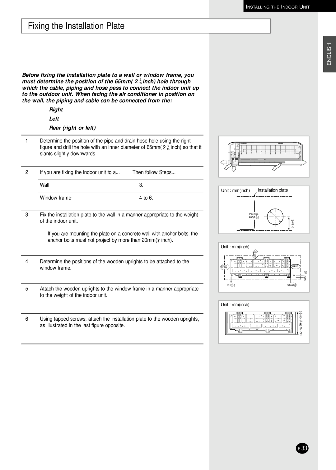 Samsung AQ30C1(2)BC installation manual Fixing the Installation Plate, Then follow Steps, Wall Window frame 