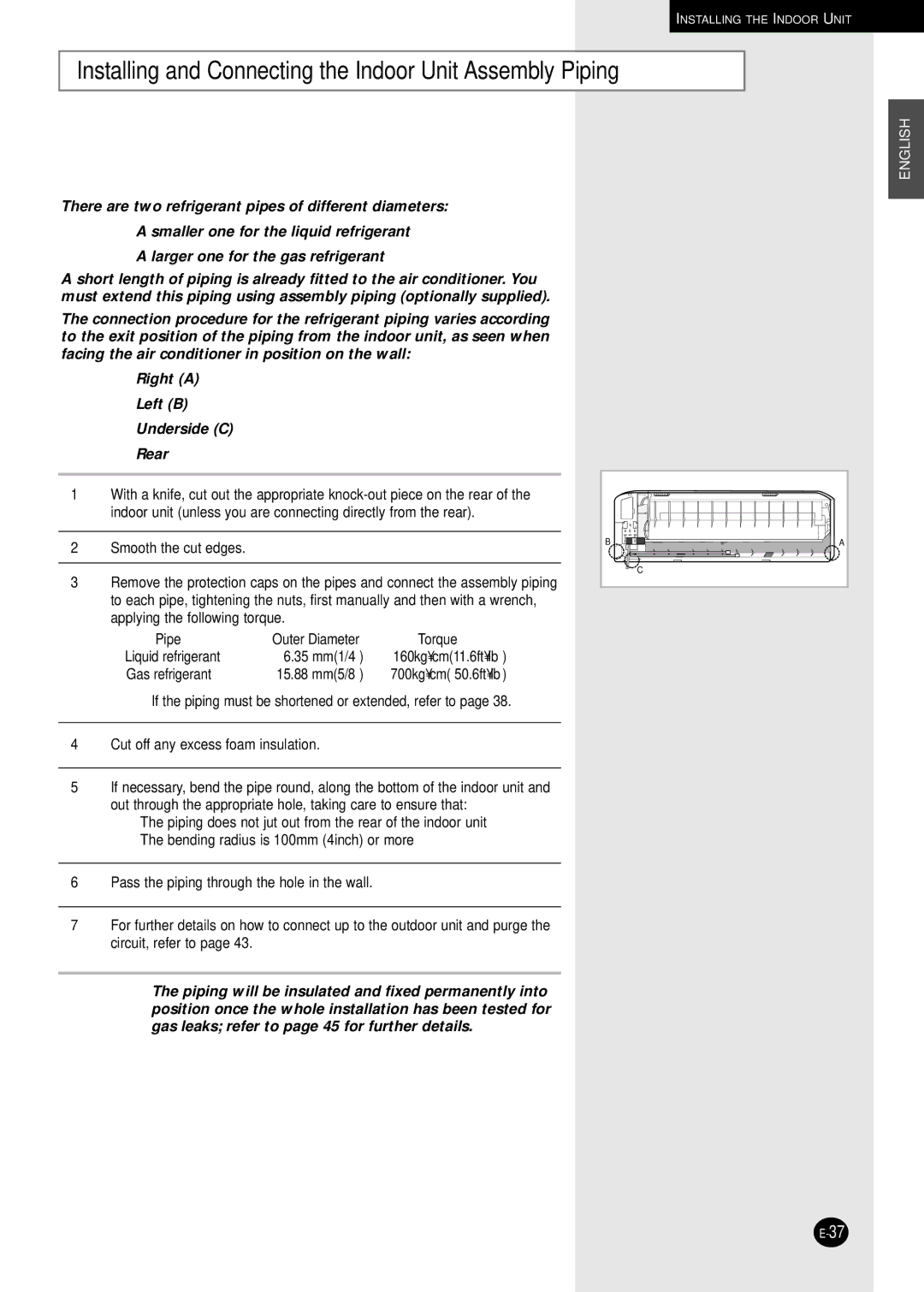 Samsung AQ30C1(2)BC installation manual Installing and Connecting the Indoor Unit Assembly Piping, Pipe, Torque 