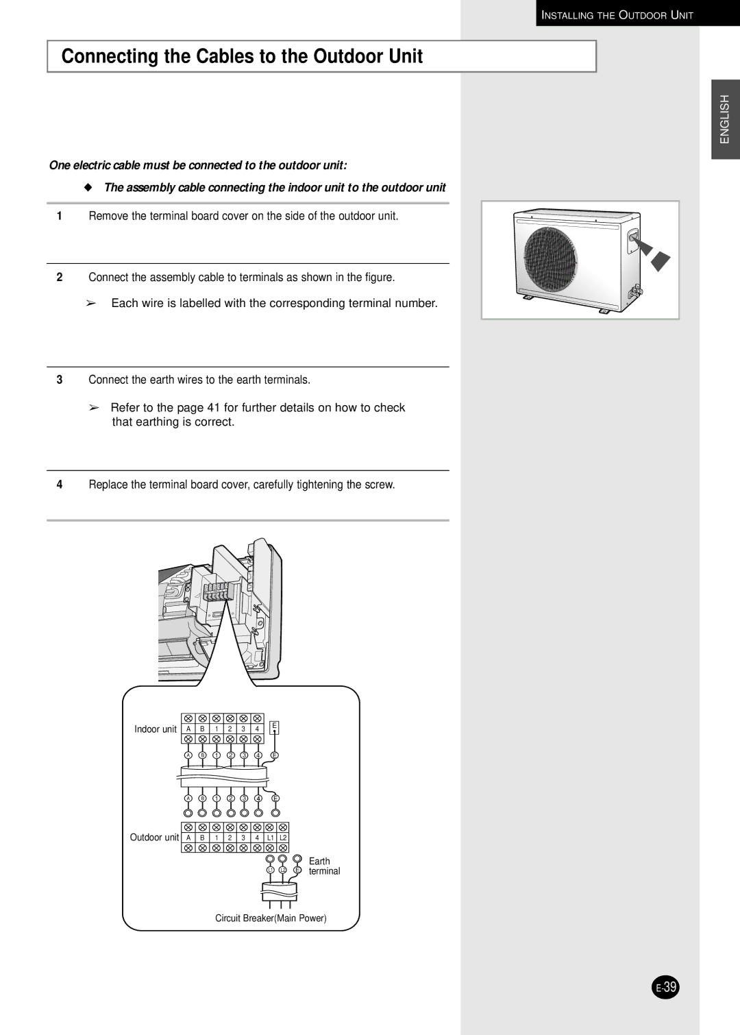 Samsung AQ30C1(2)BC installation manual Connecting the Cables to the Outdoor Unit 