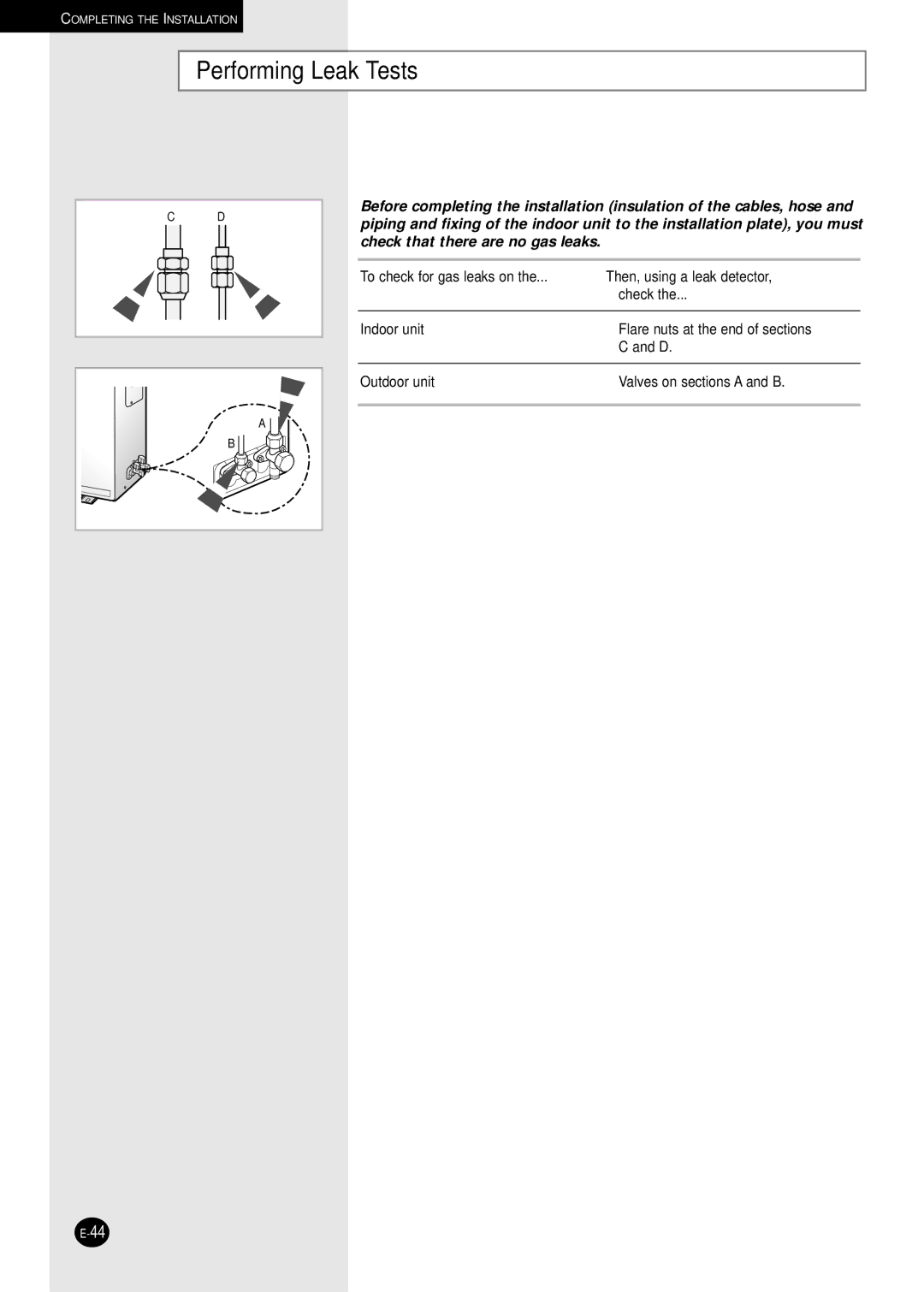 Samsung AQ30C1(2)BC installation manual Performing Leak Tests, To check for gas leaks on Then, using a leak detector Check 