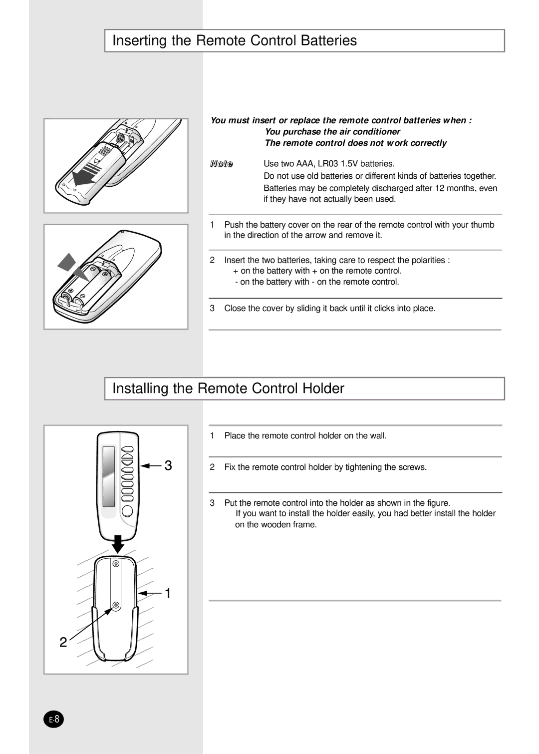 Samsung AQ30C1(2)BC installation manual Inserting the Remote Control Batteries, Installing the Remote Control Holder 