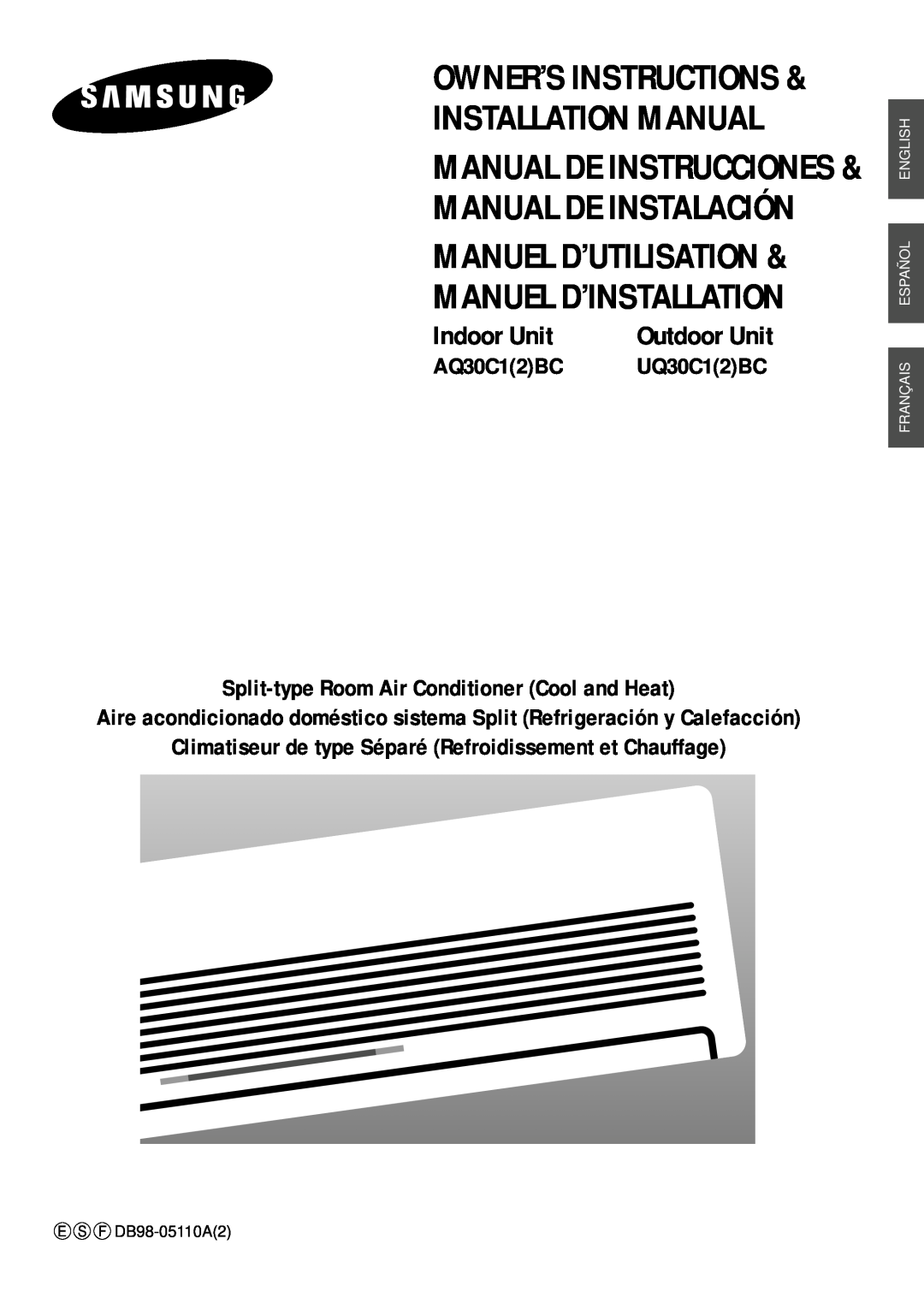 Samsung AQ30C1(2)BC installation manual AQ30C12BC, Split-typeRoom Air Conditioner Cool and Heat, Outdoor Unit, Indoor Unit 