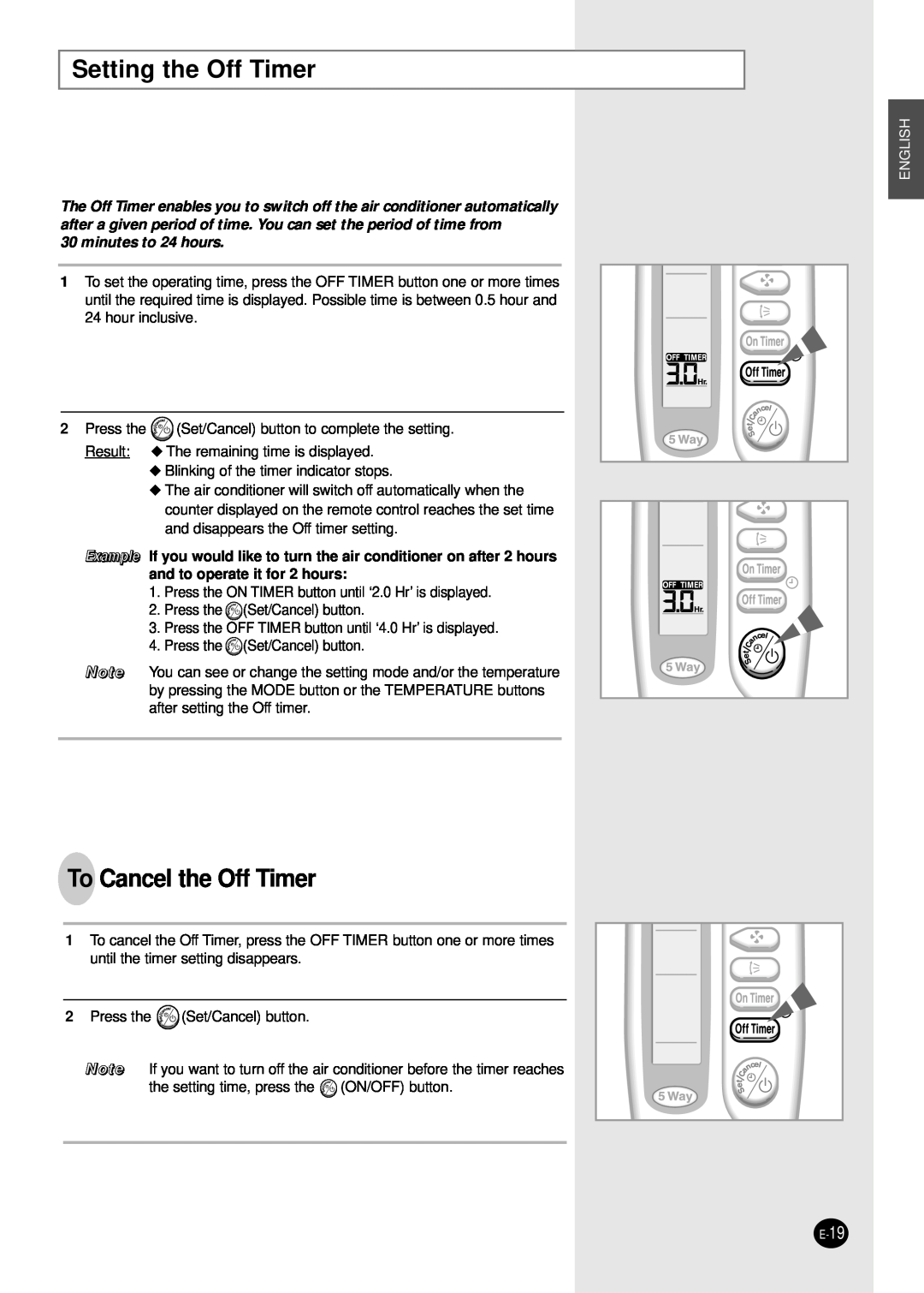 Samsung AQ30C1(2)BC installation manual Setting the Off Timer, To Cancel the Off Timer, English 